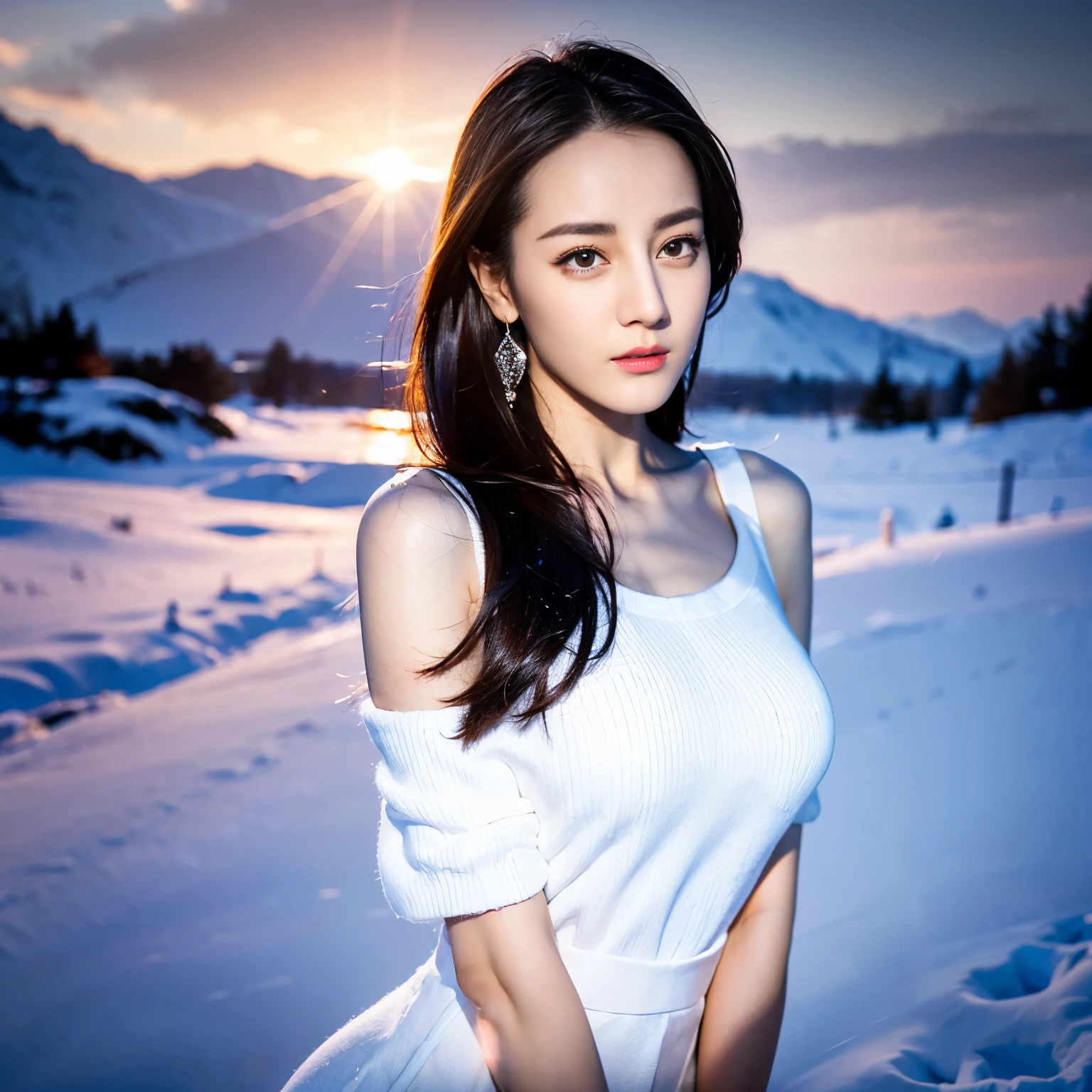 ((top quality、8k、Masterpiece:1.3))、Extremely delicate and beautiful girl,full-body shot,huge breasts,bigger breasts,amazing breast size,G cup。Wear big earrings,Very white skin,moist red lips,Waist is very thin,Thighs are very thin,big butt,fair and smooth skin,Smooth and fair skin,flawless skin,Fair and shiny skin,cold white skin,The camera focuses on the chest,Bright light,white sweater,Lower body exposed,bare shoulders,gray hair,and the hair is gray,heavy snow,snow mountain,sunset,Rizhao Jinshan
