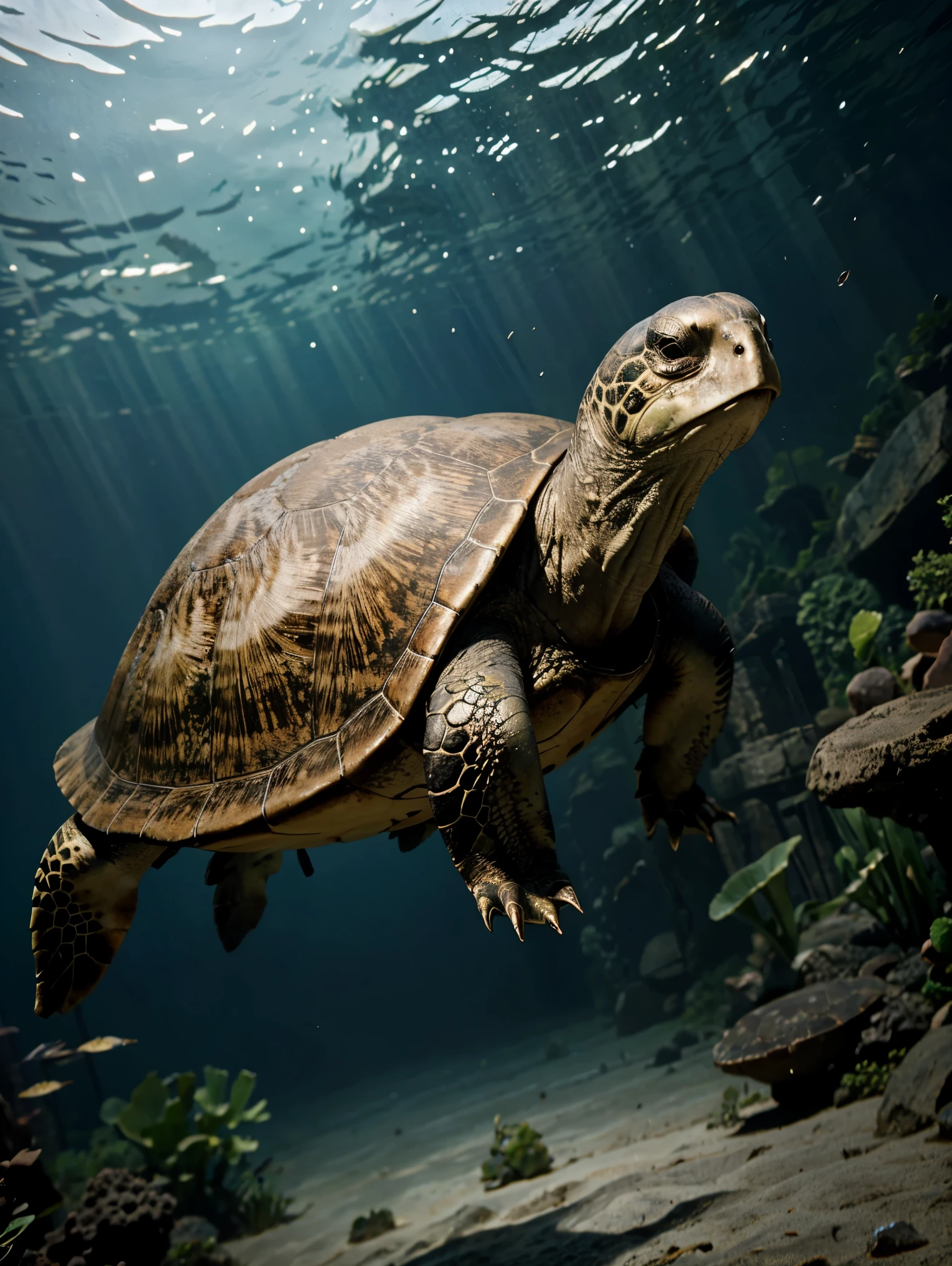 A turtle,Turtle，Under water， hyper HD, Masterpiece, High quality