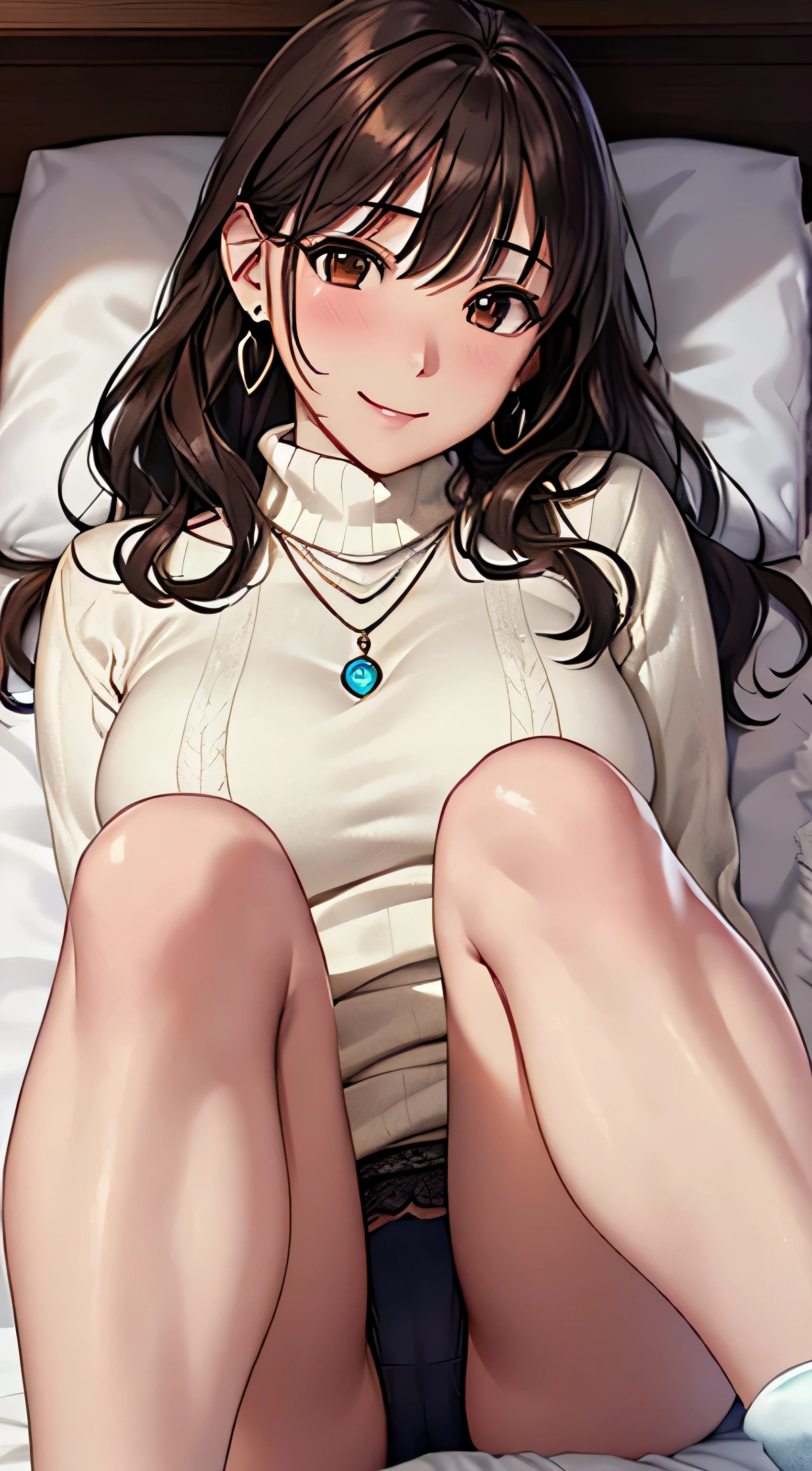 (table top, highest quality, High resolution, , perfect pixel, 4k,), 1 girl, single, alone, Beautiful woman、I could see the whole body、 ((wavy mid-length hair, bangs, brown hair)), ((brown eyes, beautiful eyelashes, realistic eyes)), ((detailed face, blush:1.2)), ((smooth texture:0.75, realistic texture:0.65, realistic:1.1, Anime CG style)), soft chest, dynamic angle, perfect body, ((,, , earrings、necklace、white turtleneck sweater、、black knee high stockings、open both legs wide、open both knees、shy smile)),、、、、(luxury hotel bed、sleep on your back)、、Close your chest with both arms、(You can see the light blue lace panties))、angle from below)、