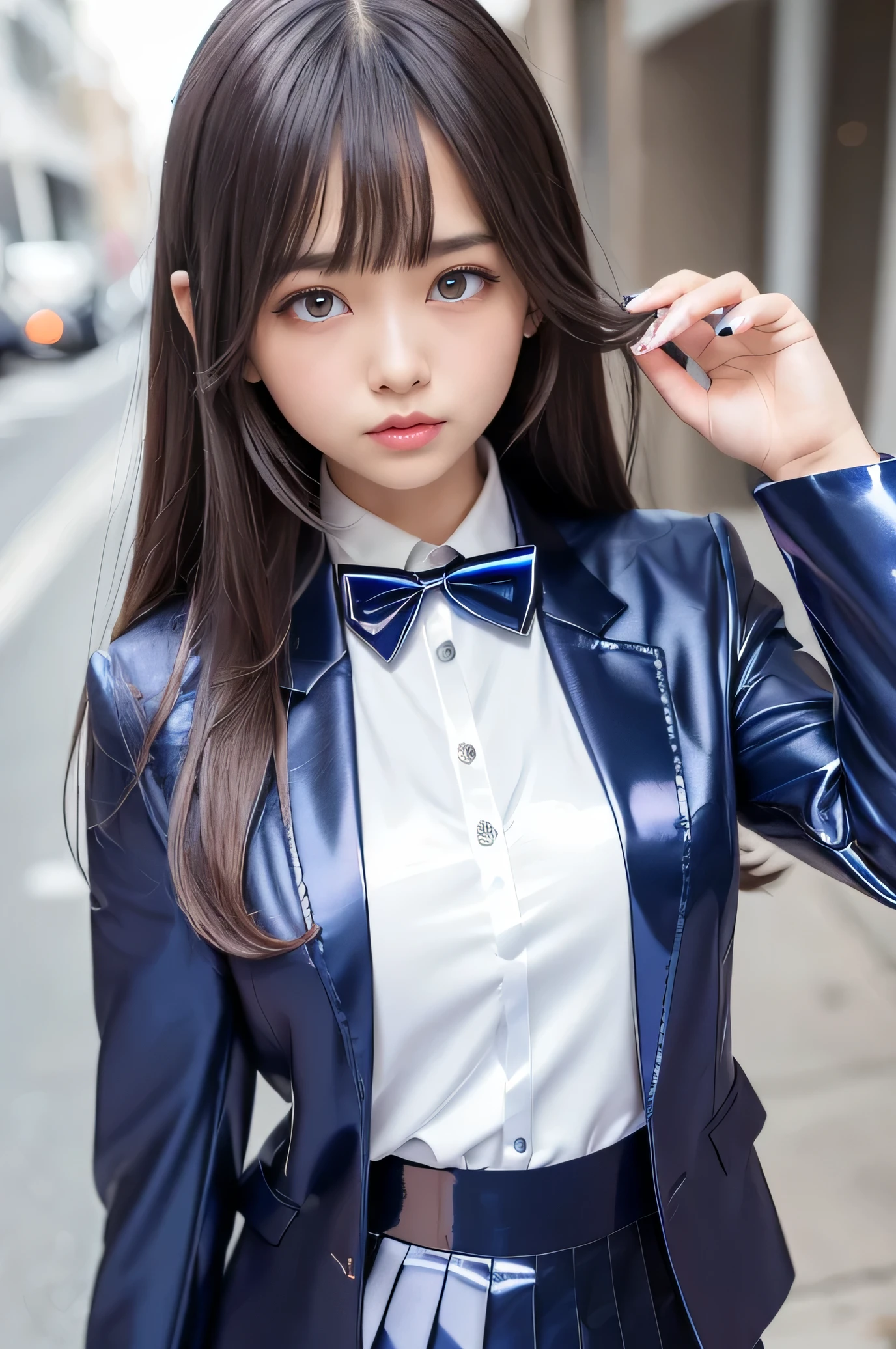 Angelic Very beautiful cute girl,Beautiful detailed eyes,Detailed double eyelids,(18 yo:1.3),(Large eyes:1.3),Long straight brown hair,see-through bangs,Sharp Focus,beautiful detailed face and eyes,straight small nose,drooping eyes,laughing,BREAK ,(super shiny metallic dark blue blazer:1.4),(metallic pearl white school blouse:1.3),(shiny metallic bright pink neck ribbon:1.2),(super shiny metallic dark blue pleated skirt :1.2),(school uniform with super reflective surfaces:1.4)