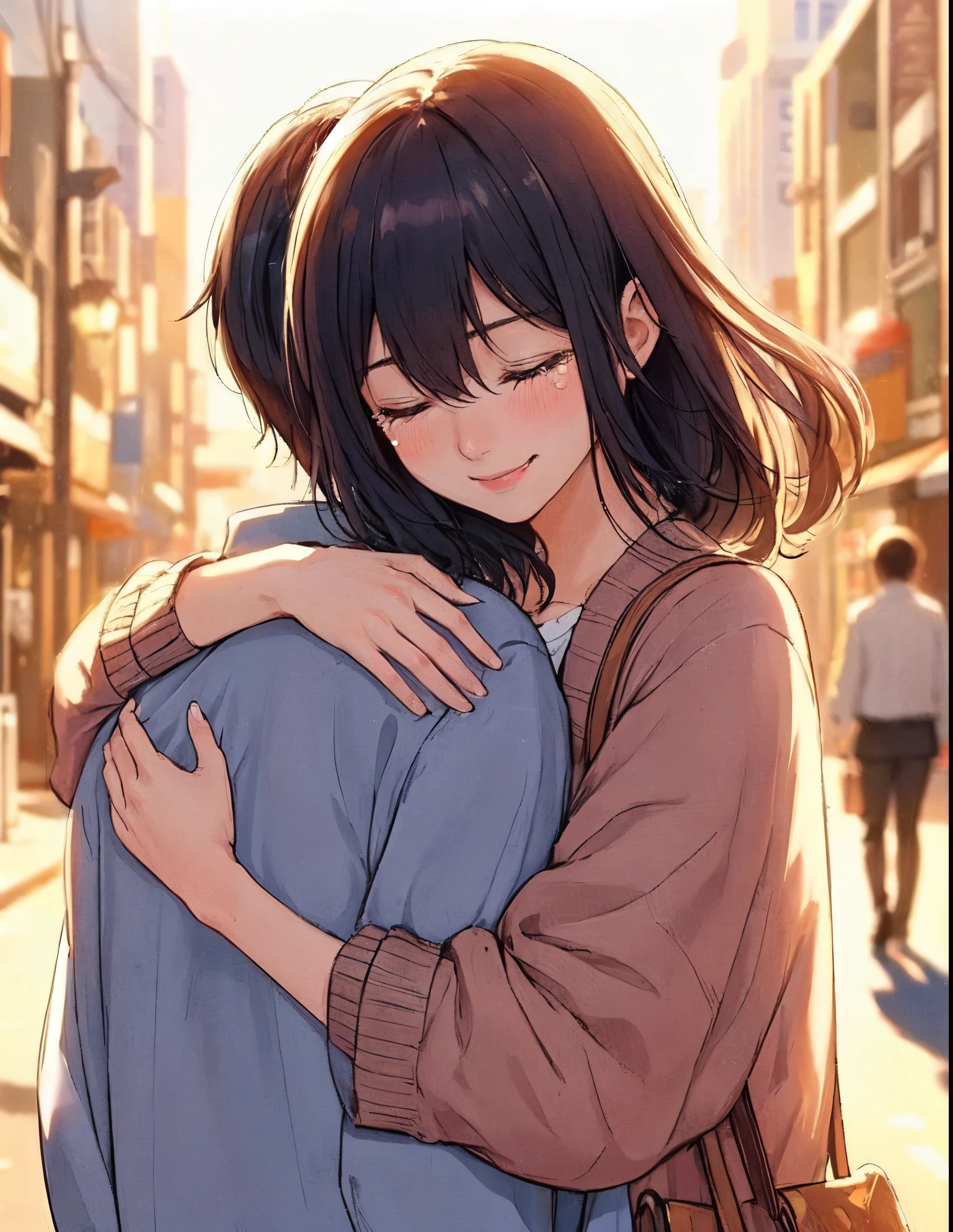 1lady hugging a person, (wrapping arm around back), (stylish outfit), mature female, /(black hair/), blush happy smile (eyes lightly closed:1.1), ((quiet tears:1.1) of joy) (tears on cheek), (masterpiece best quality:1.2) delicate illustration ultra-detailed BREAK (back of person), (back of head) BREAK /(ordinary street/) outdoors, cityscape, at dusk, detailed background
