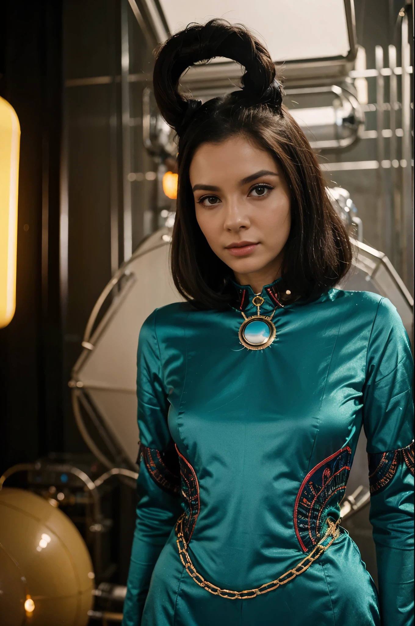 Super high res portrait photo of Ana de Armas with bangs and bun, standing in a room, cyberpunk, wearing qipao, looking up,f /2.8, Canon, 85mm,cinematic, high quality, looking at the camera <lora:ana_xl_8dim_3-000050:1>