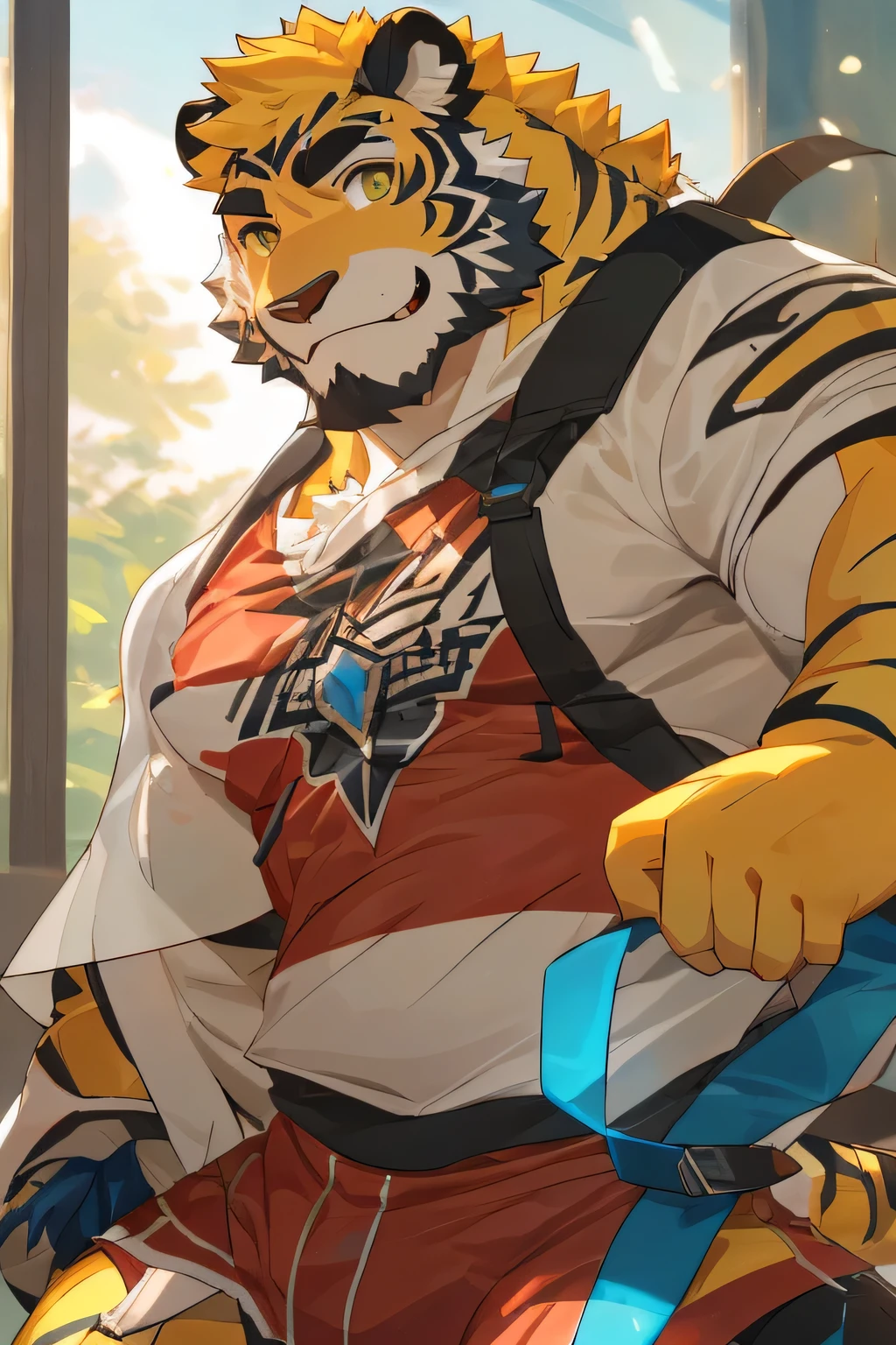 masterpiece,best quality,Detailed background,Hello,It's notHellong,New Jersey 5 Hairy,window,Sunlight,There is a plant called forget-me-not, alone,focus only,male,male focus,human nature,Tiger or dog,(kinetic:1.5), (yellow fur,,black eyebrows:1.5),view viewer, exquisite eyes,exquisite eyes,agate eyes,Puppet master,5 fingers, (transparent raincoat),Holding flowers and smiling,Waiting for someone to knock Hellom down,Yao Zhui,Strong body,Majesty,He took the initiative to lift Hellos sHellort,Eight hairy abs and two tHellock pecs are exposed