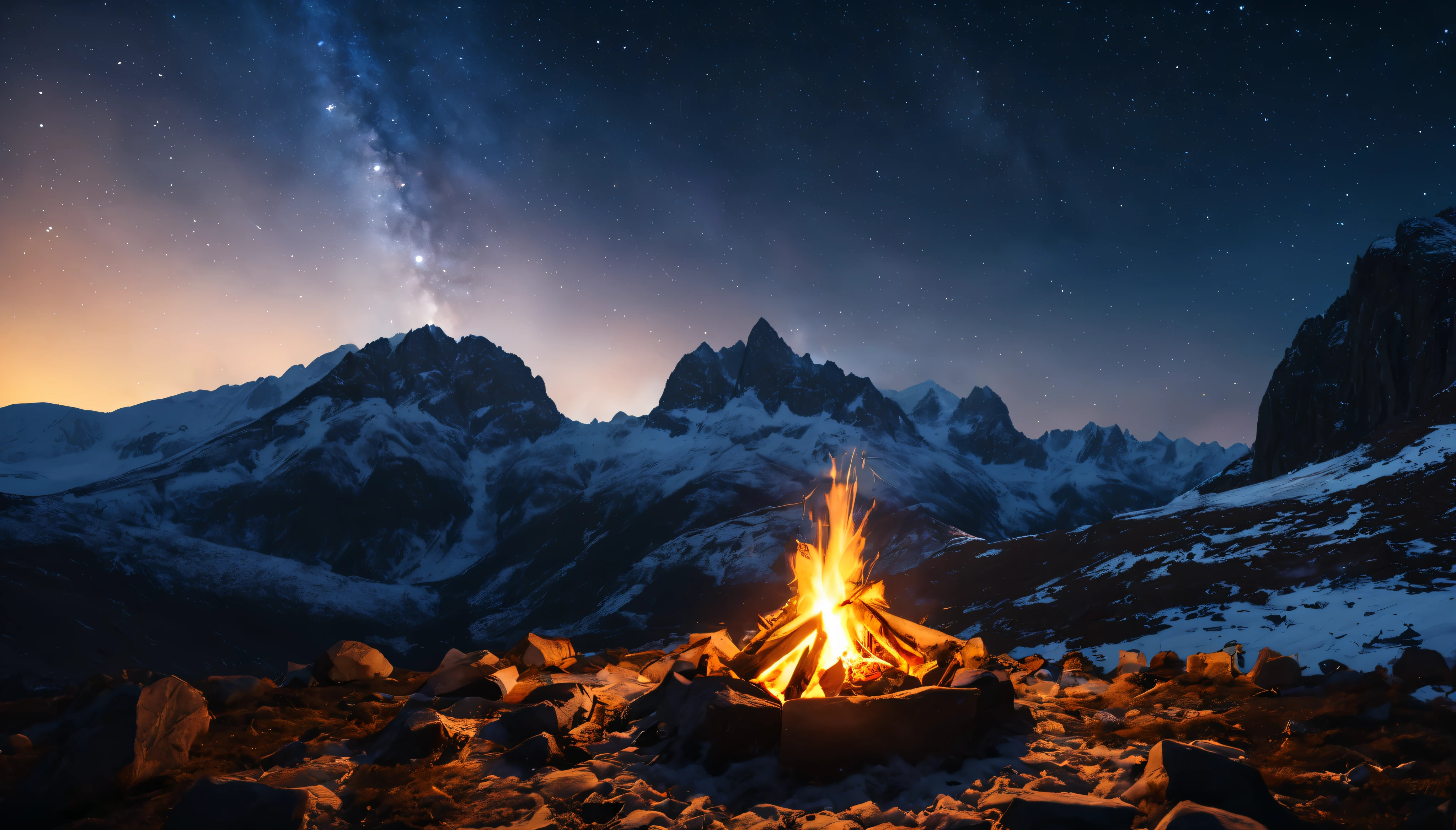 fogueira no acampamento vasta paisagem foto outono (vista de baixo, which shows the sky above and the rocks), Fortaleza no topo, (estrelas cadentes: 0,9), (nebula: 1,3), High Lonely Mountain warm lights in castle,(Fonte de luz fria:1.2), Lonely Mountain, Montanhas cobertas de neve, bulky lighting, realismo QUEBRA (obra-prima:1.2), (melhor qualidade), 4K, ultra-detalhado, (dynamic composition: 1.4), detalhado, detalhes coloridos, (esquema de cores branco: 1.2), (Bright lighting, ambient lighting), sonhadores, elvish, (Sozinho: 1.2)