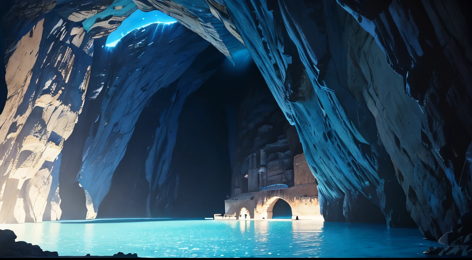 Italy, blue cave, the glow of the sea, inside a mysterious cave, a boat floating on the sea, no one there, mysterious lights in the cave, top quality, HD, masterpiece. Makoto Shinkai style, actual shooting, movies, photoreal. ,8K,