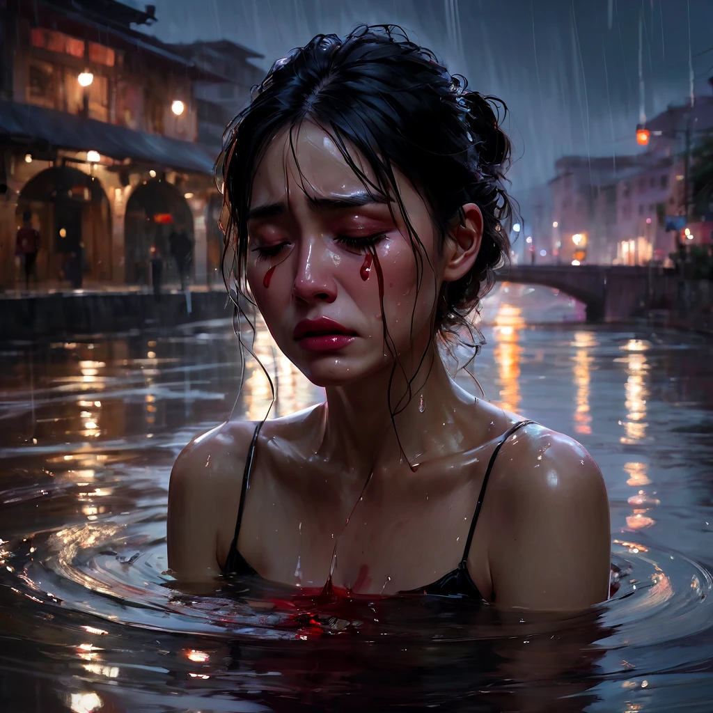 crying, aesthetic, extremely detailed, Crying eyes tears of blood as it pours its essence into the river soul, girl, by WLOP, by Artgerm, by Michael Garmash, by Rob Rey, digital art, trending on artstation, beautiful lightning, atmospheric