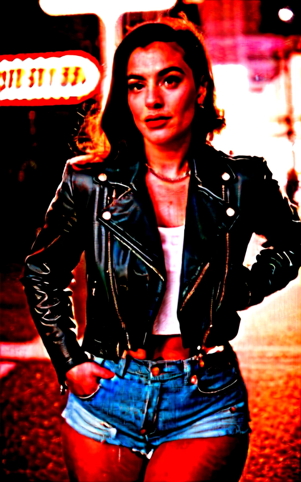 analog style, retro, 1950s, raw photo of beautiful girl, pin up, leather jacket, shorts, looking at viewer, perfect face, dark hair, night, city light, cinematic lut, film grain
