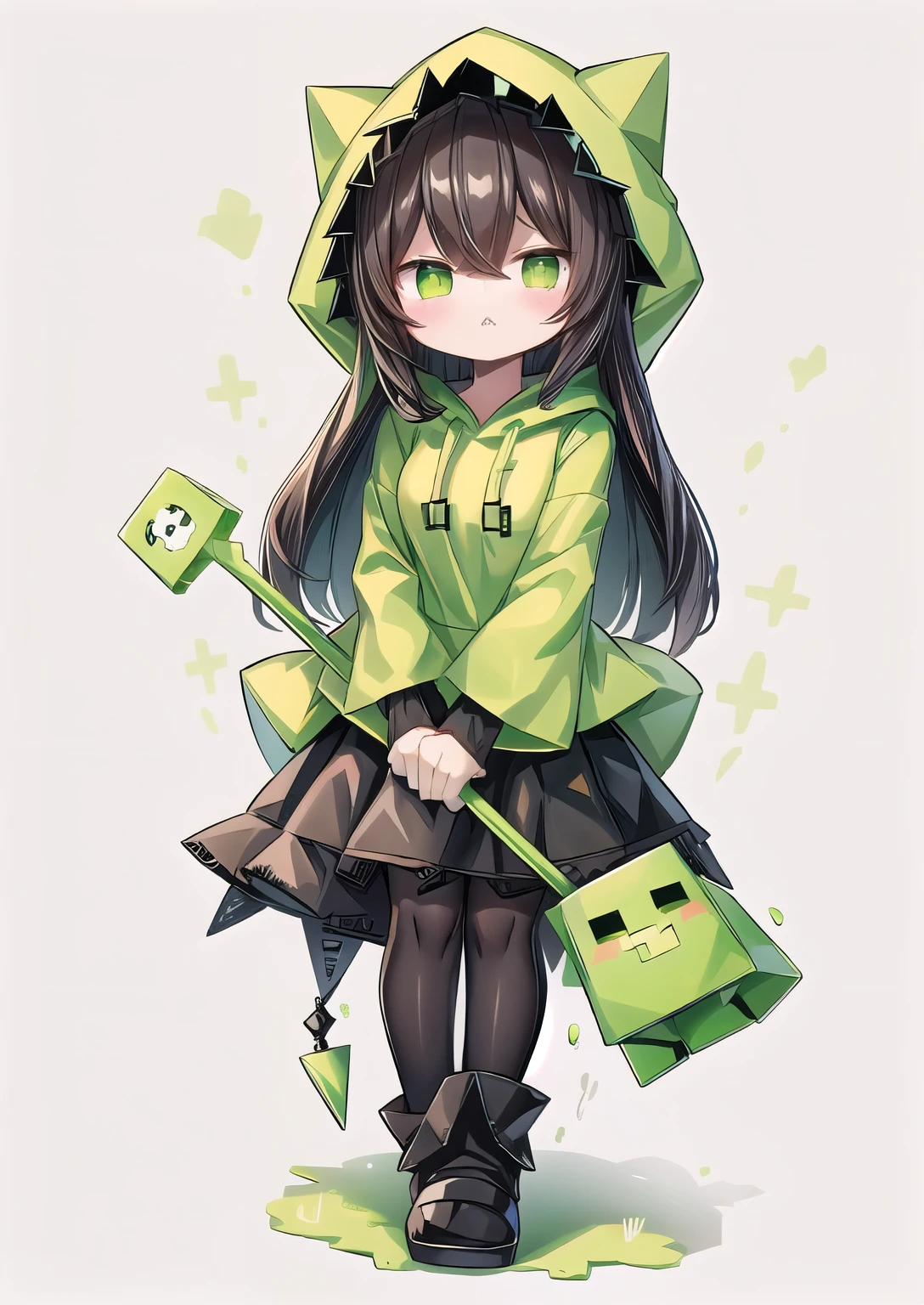One wearing a green hoodie、Cartoon image of girl holding green ax, Creeper, Creepers, minecraft Creeper, Creep, minecraft Creeper in real life, ❤🔥🍄🌪, Japanese cartoons!!!!!!!!!!!!!!!, my world风格, !!!!!!!!!!!!!!!!!!!!!!!!!, Creeper world, ((Zerat)), Official fan art, Crypt Lurkers!!, Creepy kawaii, my world