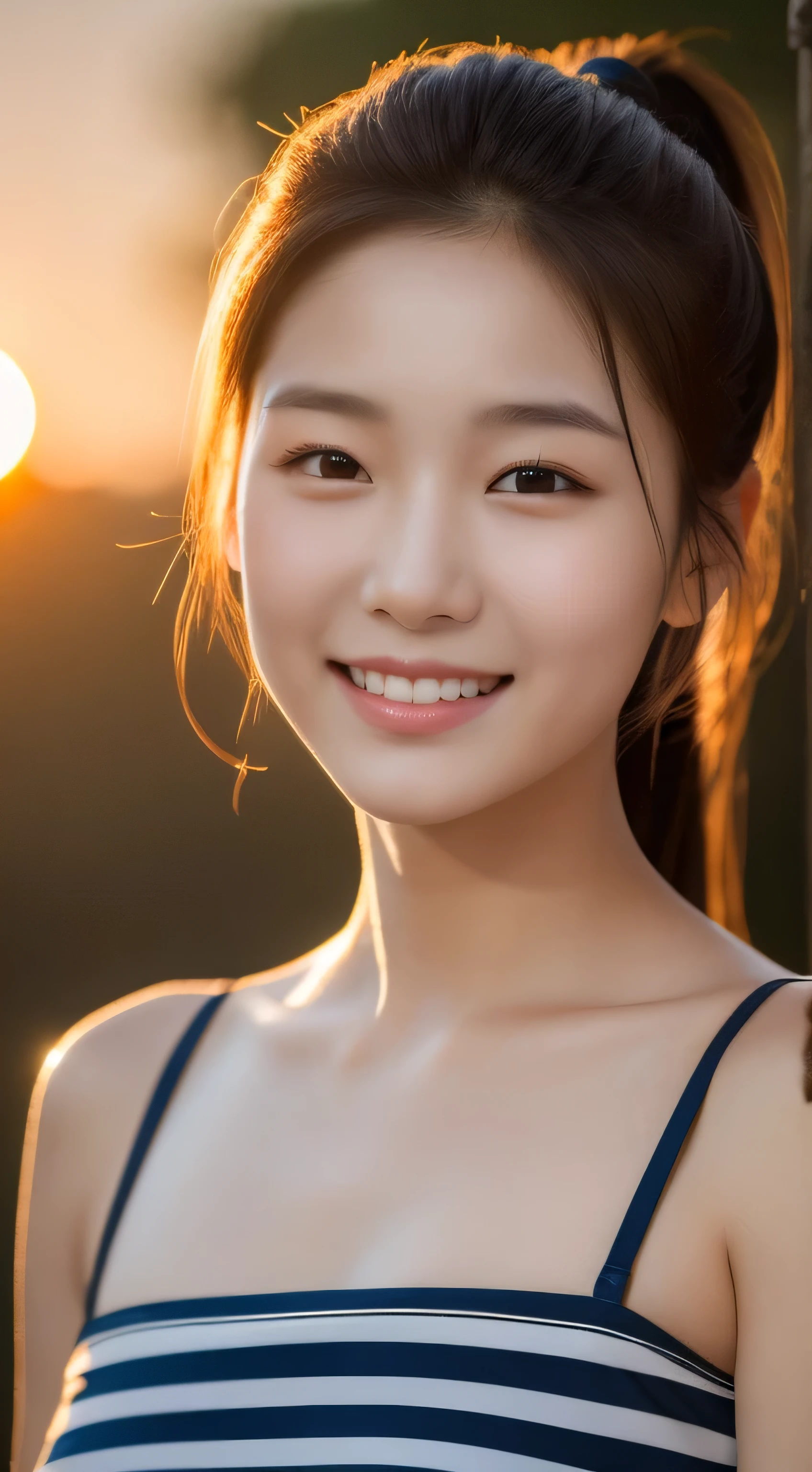 (original photography), (realism), (Masterpiece), (top quality), High resolution, 16K resolution,1 cute real photo of a Korean star,,((ponytail)), White skin, Light makeup, Bust 32 inches, Split,smile slightly,closeup portrait,Extremely detailed eyes and facial details,Wearing an orange striped camisole, in school, complex background,((strong sunset light))