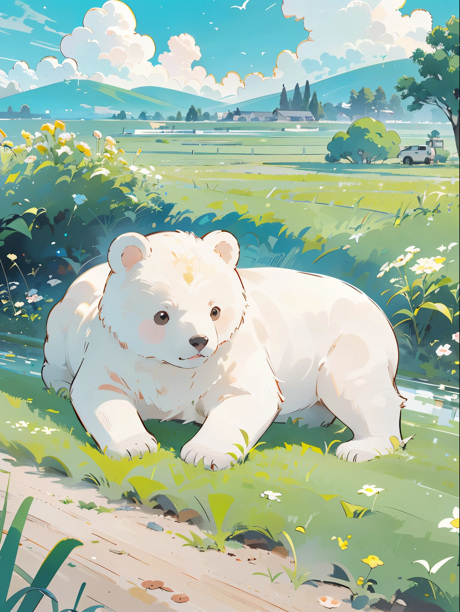 ((several white bears))，(Play in the fields, ricefield，cute white bear, cute girls), Ghibli background style, Yuru Chara style，cute storybook illustration, , gentlesoftlighting, cream, Giorgio Morandi Colors, thick line graph, full-colour illustration, forest picnic, cover illustration, scenecy，trucks，grassy fields，grassy，a plant，dabai style, (lamplight:1.0)，tmasterpiece，Best quality at best,