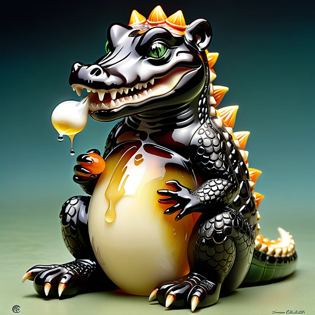 Adult crocodile crying depicted in the iconic style of Gil Elvgren, clutching an Ivory, black agate. jade. amber. netsuke figurine, Cry crocodile tears over spilt milk, artwork by Jasmine Becket-Griffith crafted to perfection, Four - leaf clover . surrealfloaters, studio setting provides sharp focus on the fairy figure, hyperrealistic textures, 32k resolution highlighting every minutiae, intricate details visible on the figurine embraced, photorealistic, 32k resolution. ultra-detailed, breathtaking surreal masterpiece. High Resolution, High Quality, Masterpiece.best quality, masterpiece, super detail