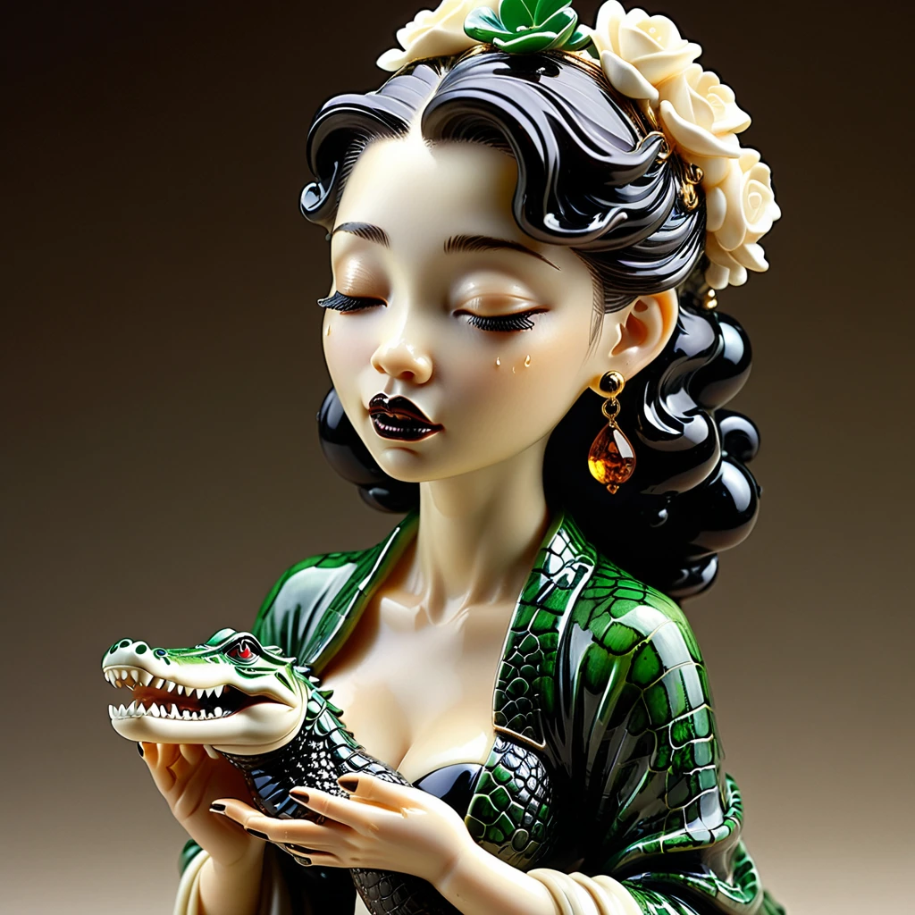 Adult crocodile crying  depicted in the iconic style of Gil Elvgren, clutching an Ivory, black agate. jade. amber.  netsuke figurine, Cry crocodile tears over spilt milk, artwork by Jasmine Becket-Griffith crafted to perfection, Four - leaf clover .  surrealfloaters, studio setting provides sharp focus on the fairy figure, hyperrealistic textures, 32k resolution highlighting every minutiae, intricate details visible on the figurine embraced, photorealistic, 32k resolution. ultra-detailed, breathtaking surreal masterpiece. High Resolution, High Quality, Masterpiece.best quality, masterpiece, super detail