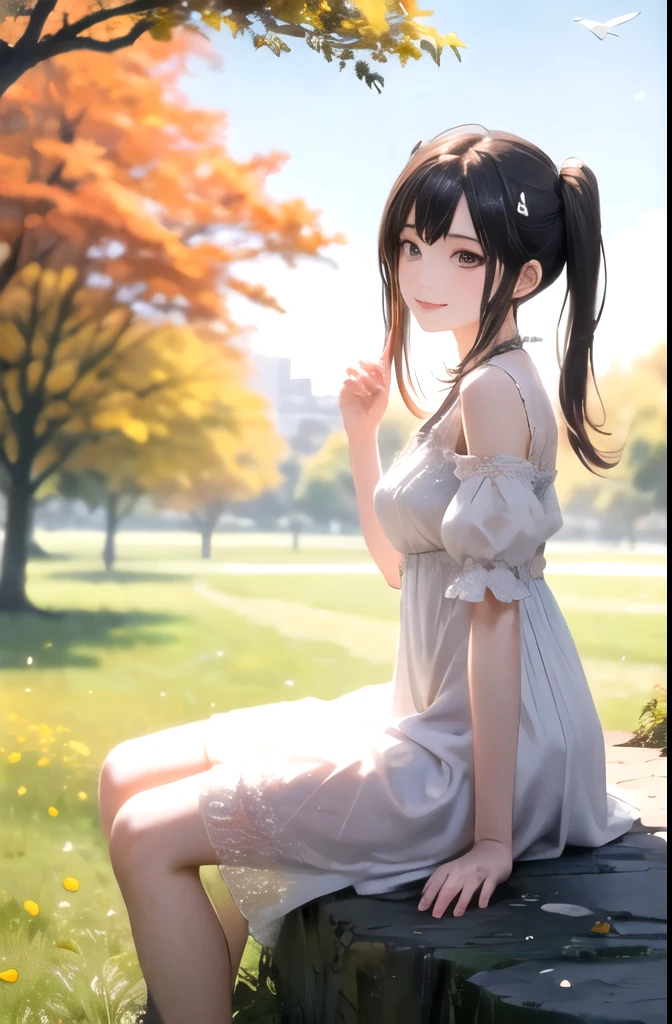 masterpiece, highest quality, (grainy:0.7), intricate details, sharp, perfect anatomy, finely, bloom, noon, Bright color BREAK cute girl, Observe the birds, Leaning on your hands, fine eyes, From the side, sitting on a rock, twin tails, detailed tree, autumn, Grass, (alone:1.3), smile,
BREAK Highly detailed summer dress, Multicolored BREAK countryside city background