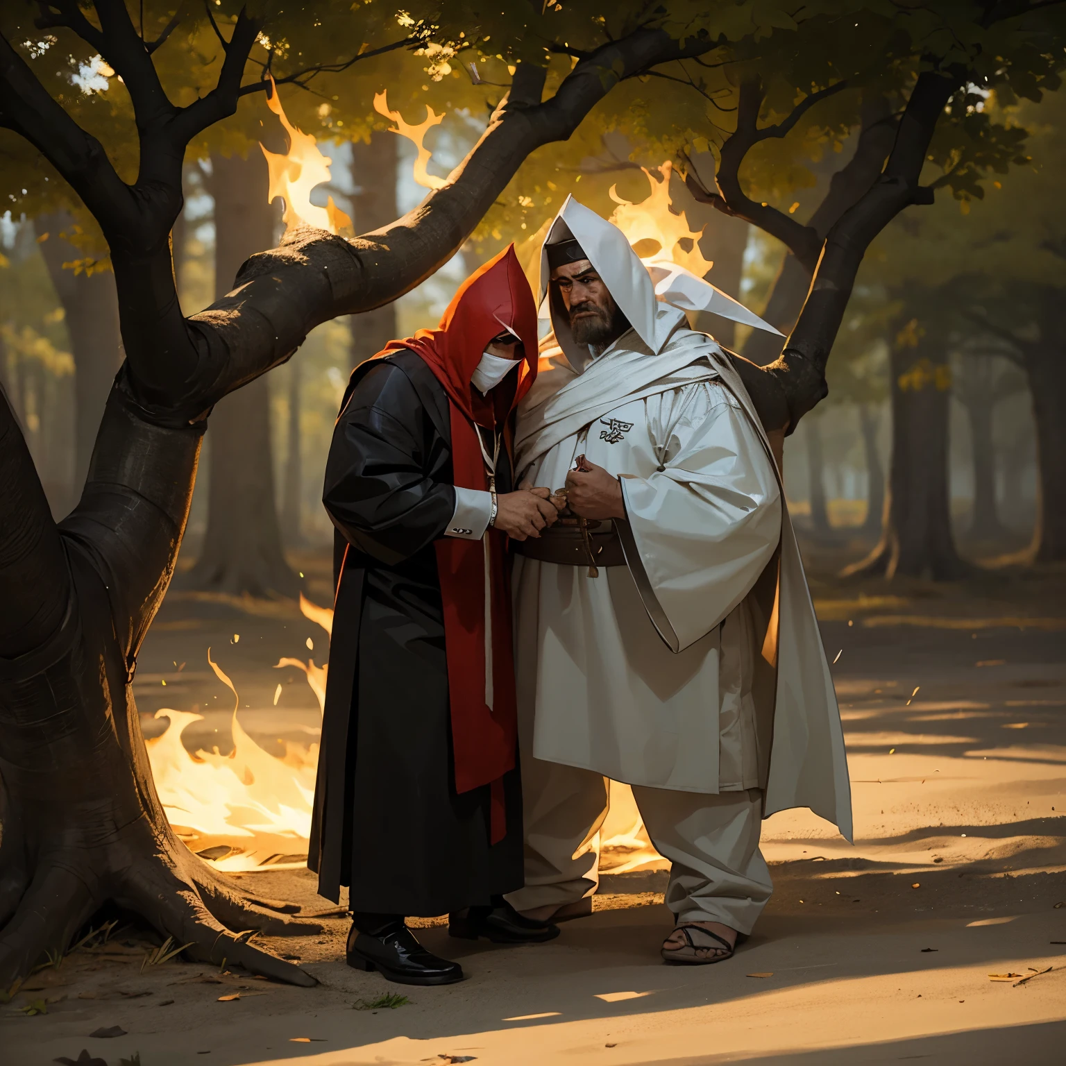 2 homens, one is tied to a tree trunk, usando apenas uma sunga. The other is dressed like the Ku Klux Klan, this one is holding a burning torch., threatening to burn the other.