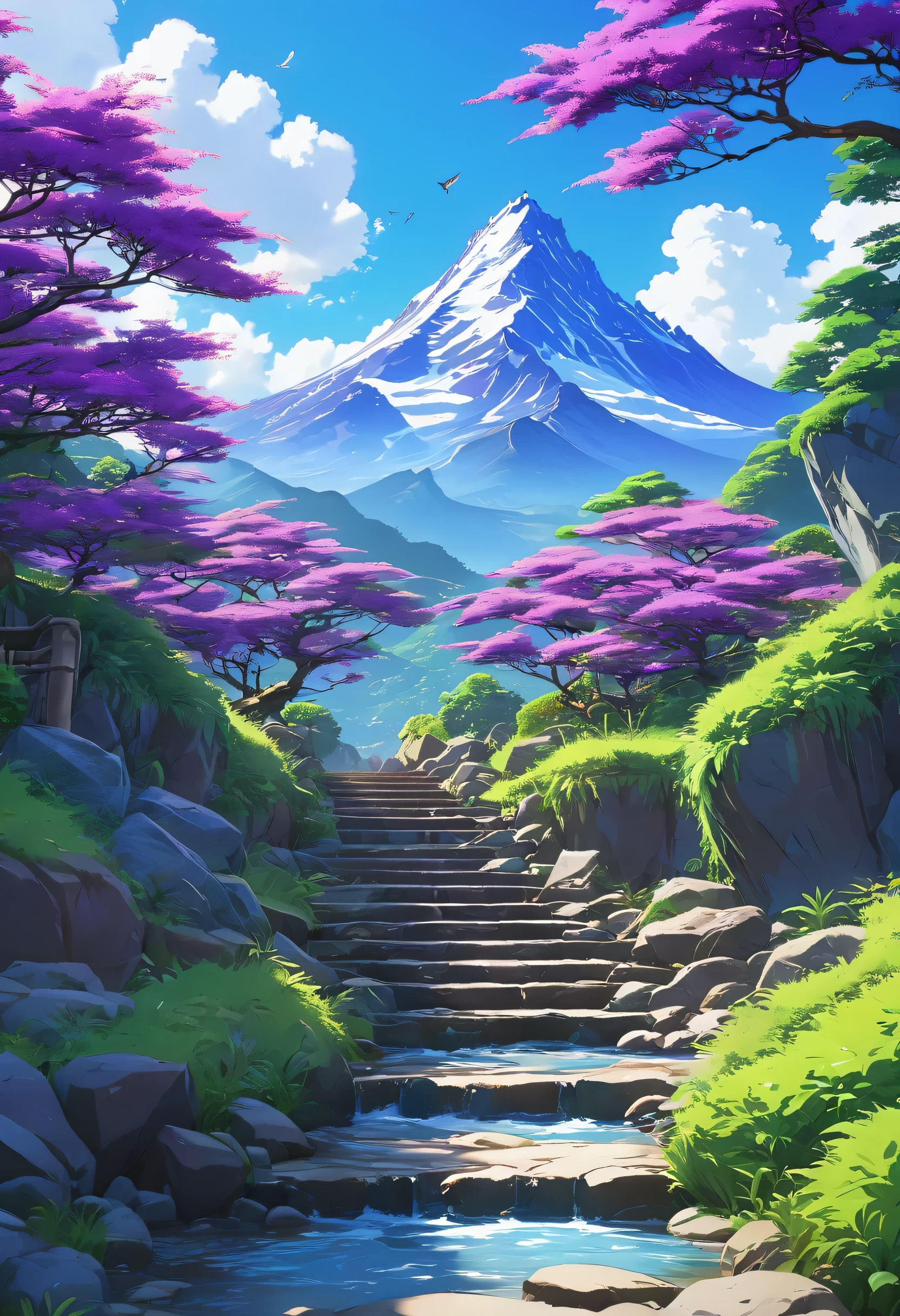 imagine a purple stair on the mountain and river is flowing beside the mountain and the blue sky bird and mountains are covered by trees; vibrent; anime art; anime art style; studio ghibli; high quality; japanese anime; rendered in 4k