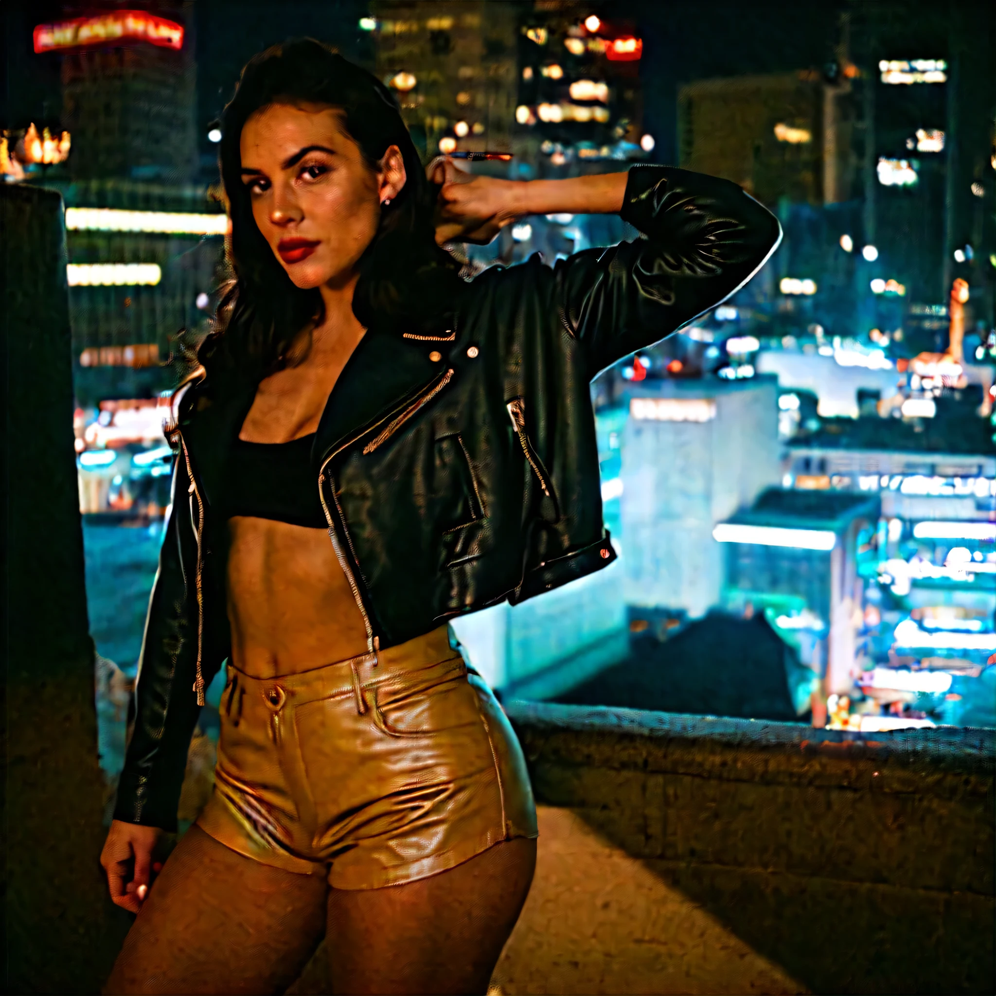 analog style, retro, 1950s, raw photo of beautiful girl, pin up, leather jacket, shorts, looking at viewer, perfect face, dark hair, night, city light, cinematic lut, film grain
