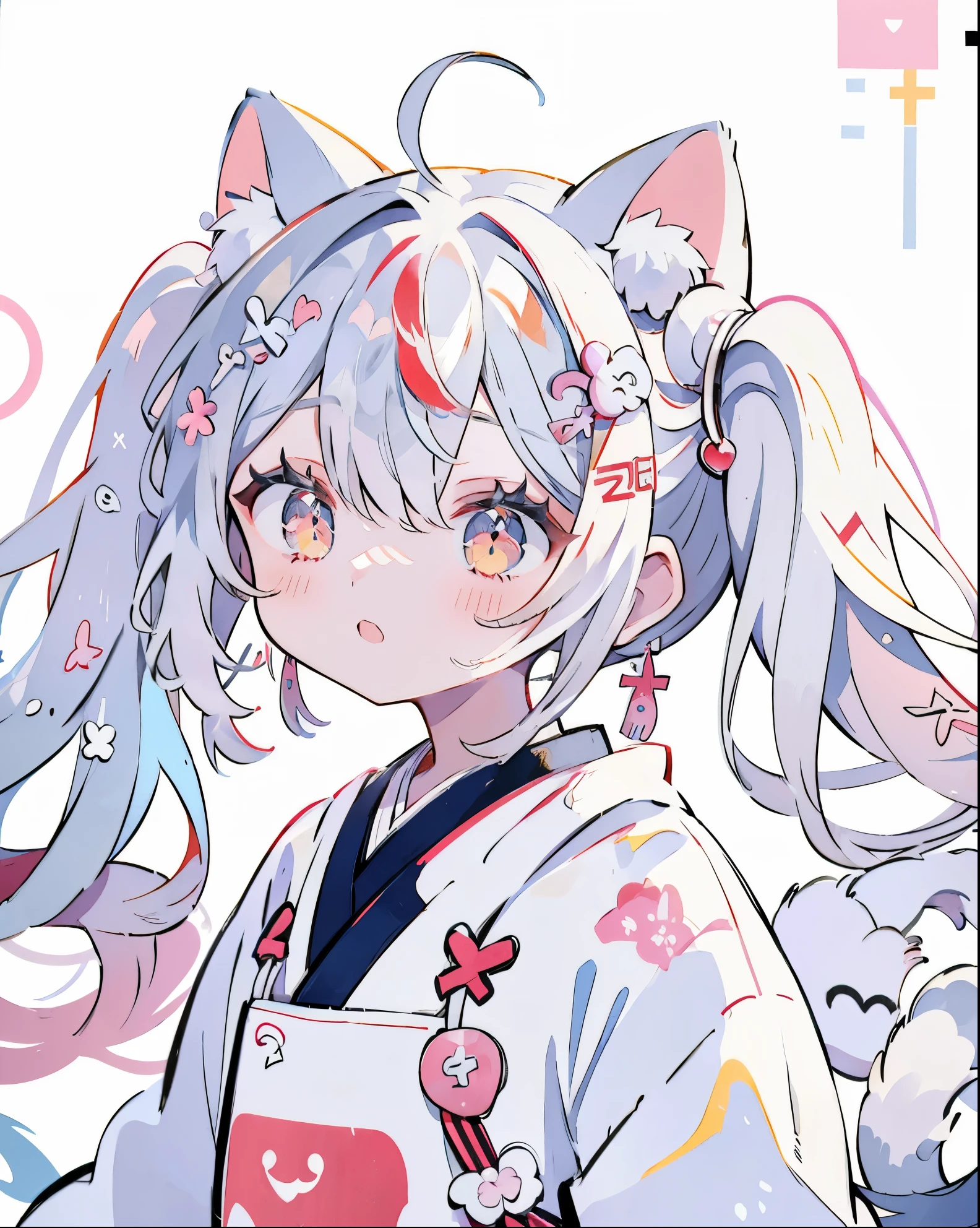 masutepiece、Masterpiece、high-level image quality、8K、kawaii(Twin-tailed、Twin tails at high) Red hair、White eyes、snowy background、White coat、White muffler、White ears、Fox ears、((cat white ears))Furfur tail(The upper part of the body、)(((yuki)))