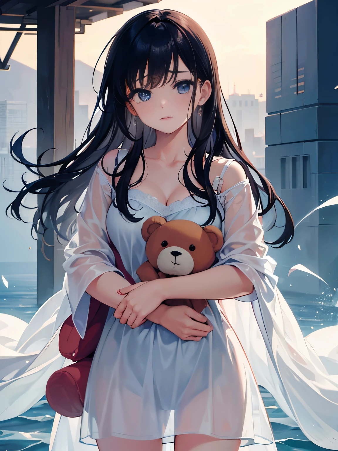 A cute woman (age 30) is mad, she is sobbing, cartoonishly over exaggerated sobbing, puffy cheeks, puffy eyes, tears shooting out like little streams of water, heavy tears hang from her chin, dressed in a sheer night gown, holding her teddy bear