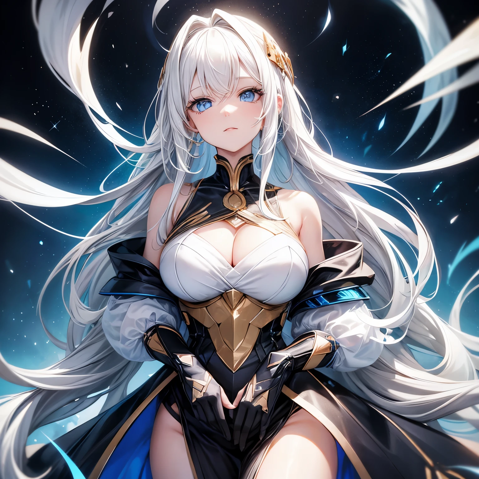 woman and ,golden white hair,blue eyes,,,black space suit