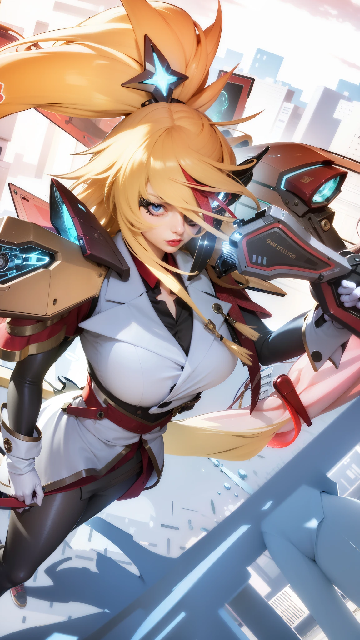 a close up of a woman with a gun in her hand, blonde long hair, red lips glossy, 8k, ultra hd, ultra detailed texture, hyper realistic, masterpiece, detailed texture, detailed face, detailed skin, detailed lighting, (photorealistic:1.5), best quality, beautiful lighting, cinematic lighting, professional lighting, ultra highres, realistic, detailed hair, real hair, high quality, (realskin:1.5), extremely detailed, finely detail, ultra-detailed, braids, eye patch, left eyepatch,