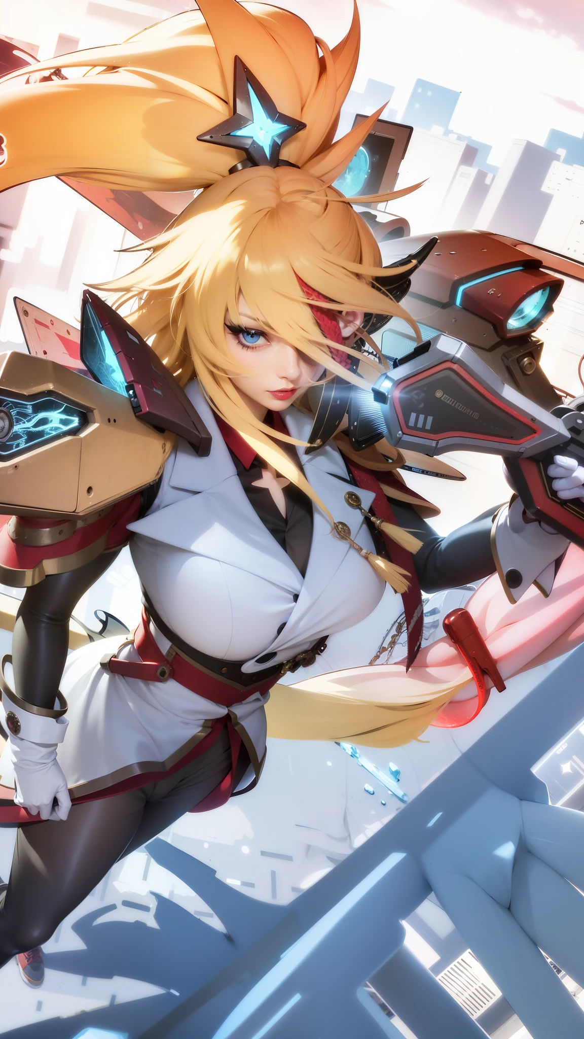 a close up of a woman with a gun in her hand, blonde long hair, red lips glossy, 8k, ultra hd, ultra detailed texture, hyper realistic, masterpiece, detailed texture, detailed face, detailed skin, detailed lighting, (photorealistic:1.5), best quality, beautiful lighting, cinematic lighting, professional lighting, ultra highres, realistic, detailed hair, real hair, high quality, (realskin:1.5), extremely detailed, finely detail, ultra-detailed, braids, eye patch, left eyepatch,