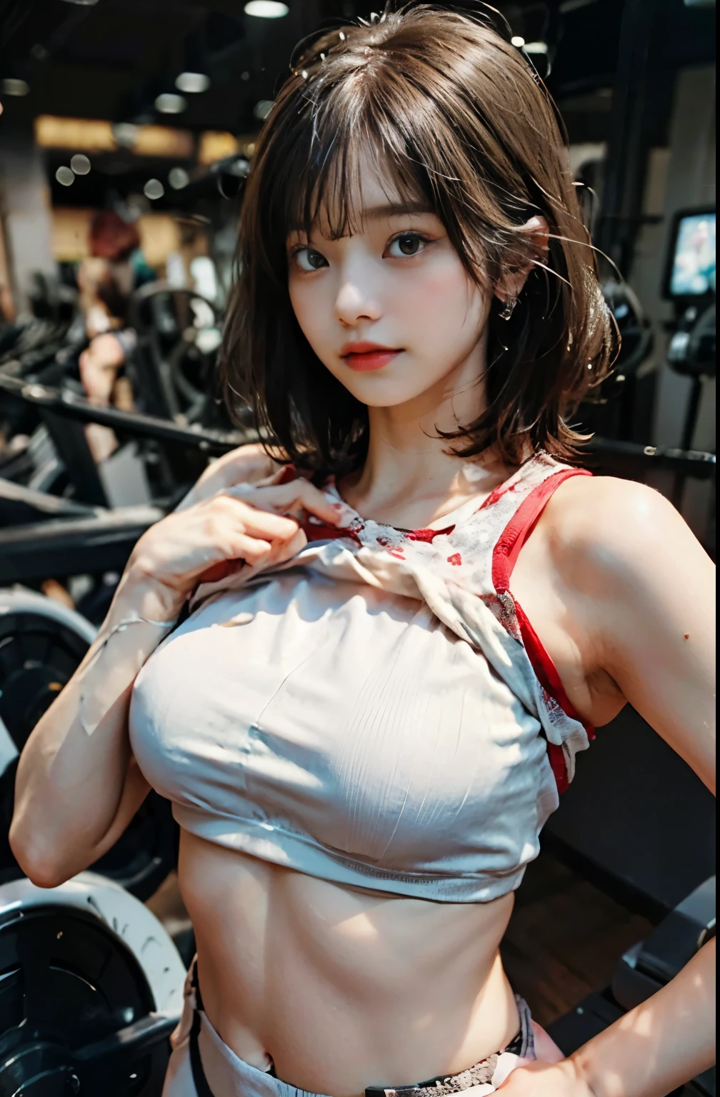 ((top-quality, masterpiece, extremely Realistic)), 1girl in, Facing the front, light brown hair, Short bob hair, red sports bra, in 8K, 85 mm, Raw photo, Bokeh background, fitness gym, treadmill, barbell,nude,show tits,big breasts