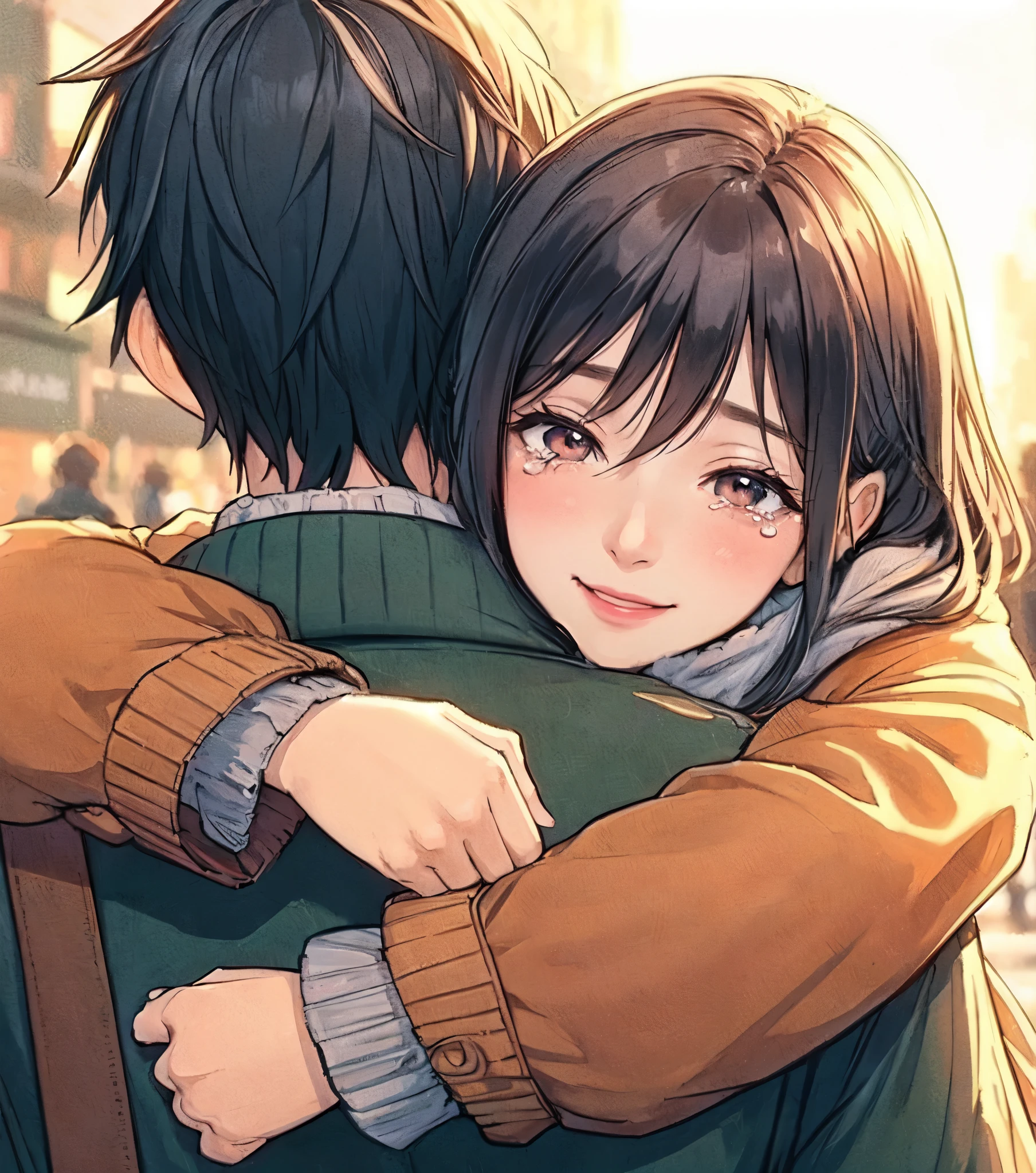 1lady hugging a person, (wrapping arm around back), (stylish outfit), mature female, /(black hair/), blush happy smile, ((quiet tears:1.1) of joy) (tears on cheek), (moist eyes), (masterpiece best quality:1.2) delicate illustration ultra-detailed BREAK (back of person), (back of head) BREAK /(ordinary street/) outdoors, cityscape, at dusk, detailed background