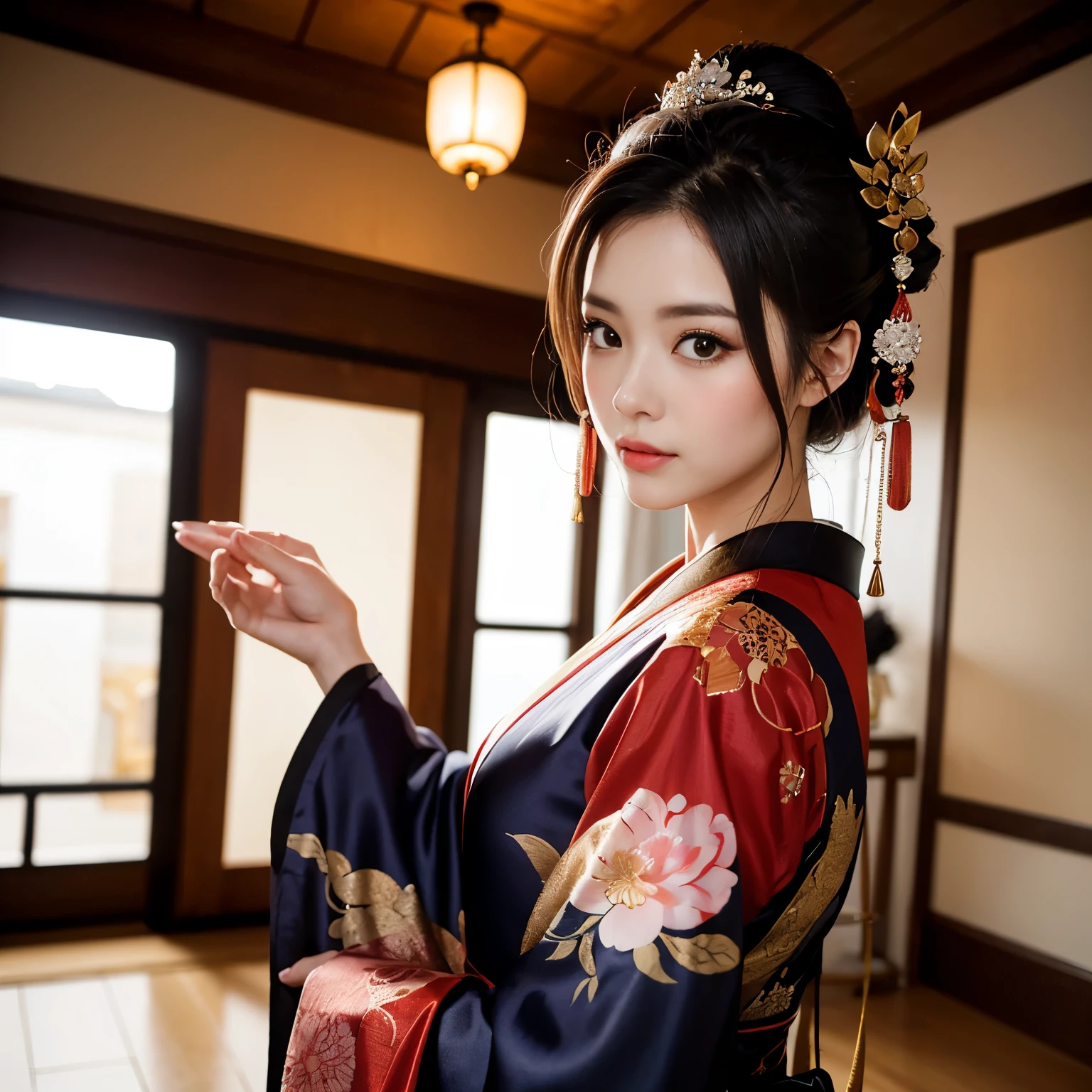 A beautiful geisha with mid-length hair, adorned in a night dress, is the subject of the painting. Her eyes are filled with captivating beauty, while her lips exude softness and grace. She gazes into the distance with a serene expression, embodying an air of mystery.

The artwork is created using the traditional medium of oil painting, showcasing the richness and depth of colors. The brushstrokes are meticulously applied, capturing every intricate detail of the geisha's features. The art style is a fusion of traditional and contemporary, with a touch of ethereal elegance.

The scene takes place in an extremely cramped room, barely fitting three tatami mats. The room is dimly lit, with no windows to let in the outside world. The lighting casts shadows on the geisha's face, emphasizing her delicate features and adding an element of intrigue.

Despite the limited space, the room is tastefully decorated. Delicate silk fabrics adorn the walls, depicting scenes of nature and cherry blossoms in full bloom. A single bed is situated behind the geisha's back, covered in luxurious fabrics and intricate patterns.

The color palette of the painting is rich and vibrant. Deep hues of red, purple, and gold dominate the scene, symbolizing the geisha's allure and elegance. The contrast between the vibrant colors and the dimly lit room adds a sense of intimacy and allure.

The fisheye lens view adds a unique perspective to the painting. It distorts the edges of the composition, creating a sense of depth and immersion. The viewer feels as though they are peering into the geisha's world, becoming a part of her enigmatic allure.

Overall, the artwork aims to capture the beauty and allure of a geisha in a confined and intimate space. It invites the viewer to delve into the world of the geisha, where elegance and mystery intertwine. The meticulous attention to detail, combined with the unique perspective, creates a masterpiece that mesmerizes the viewer.