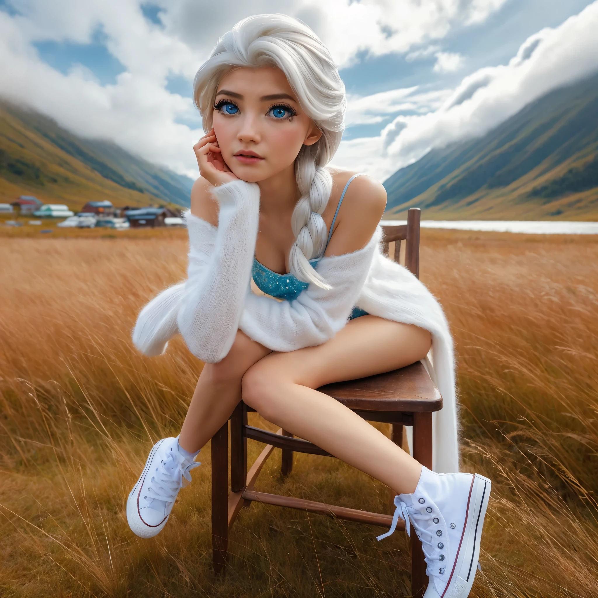 full body, super low angle shot, beautiful Asian woman looks like Elsa Frozen style, blue pupils,wearing a white cardigan,white converse shoes,
pose leaning on a chair, looks like she is looking at something, high grassland and hills in the background. hyper realistic, HD professional photographer, MidJourney v6,
epicrealism model, atmospheric impressionism,bokeh,film dramatic realism, pre-raphaelite realism, best low tone, soft focus realism --ar 36:61 --stylize 750 --v6