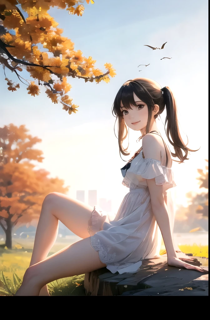 masterpiece, highest quality, (grainy:0.7), intricate details, sharp, perfect anatomy, finely, bloom, noon, BREAK cute girl in bright colors, Observe the birds, Leaning on your hands, fine eyes, From the side, sitting on a rock, twin tails, detailed tree, autumn, Grass, (alone:1.3), smile,
BREAK Summer dress with attention to detail, Multicolored BREAK countryside city background