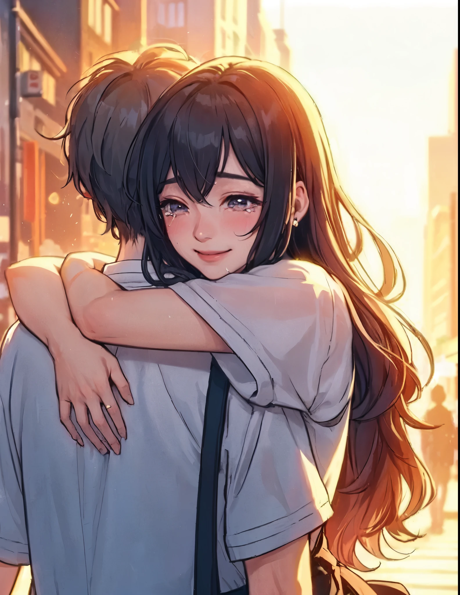 1lady hugging a person, (wrapping arm around back), (stylish outfit), mature female, /(black hair/), blush happy smile, ((quiet tears:1.1) of joy) (tears on cheek), (moist eyes), (masterpiece best quality:1.2) delicate illustration ultra-detailed BREAK (back of person), (back of head) BREAK /(ordinary street/) outdoors, cityscape, at dusk, detailed background