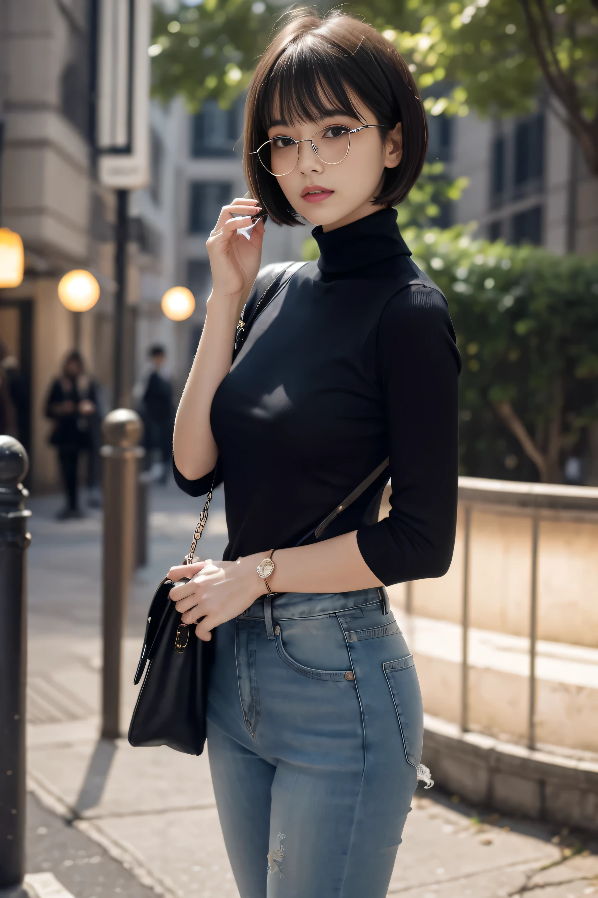  (thin:1.2), because I&#39;thin, small breasts, woman, ((black pixie cut:1.2)), (dull bangs), 「Based on a black and yellow leather jacket、Choose one with red embroidery on the lining or cuffs.。With that、Pair it with black skinny jeans、Choose platform boots that suit your feet.。The tops are、Monochrome graphic print T-shirt?、Choose a simple black turtleneck sweater。As an accessory、Wear thick chain necklaces or leather bracelets、put sunglasses on your face。lastly、Carrying a monochrome backpack or shoulder bag、Tightens the overall coordination。」,(dark lighting),Building walls,silence of the night,model pose,