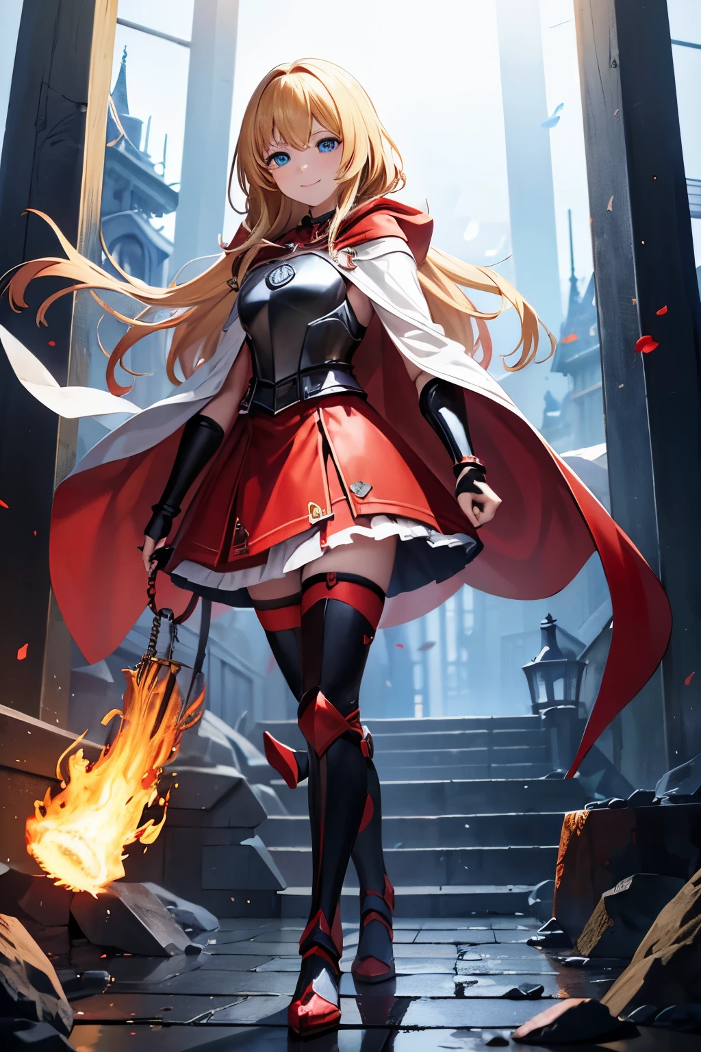 anime picture、Full body portrait、little red riding hood、woman、fire wizard、25talent、smile、blonde、medium hair、blue eyes、Breastplate、cage hand、shin guards、red mini skirt、black tights、no background