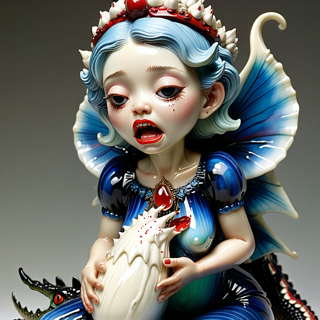 Adult fairy crying depicted in the iconic style of Eric Wallis, clutching an ivory, red, blue, and black agate netsuke figurine, crying over spilt milk, artwork by Norman Lindsay crafted to perfection, surrealfloaters, studio setting provides sharp focus on the fairy figure, hyperrealistic textures, 32k resolution highlighting every minutiae, intricate details visible on the figurine embraced, photorealistic, 32k resolution. ultra-detailed, breathtaking surreal masterpiece. High Resolution, High Quality, Masterpiece.best quality, masterpiece, super detail