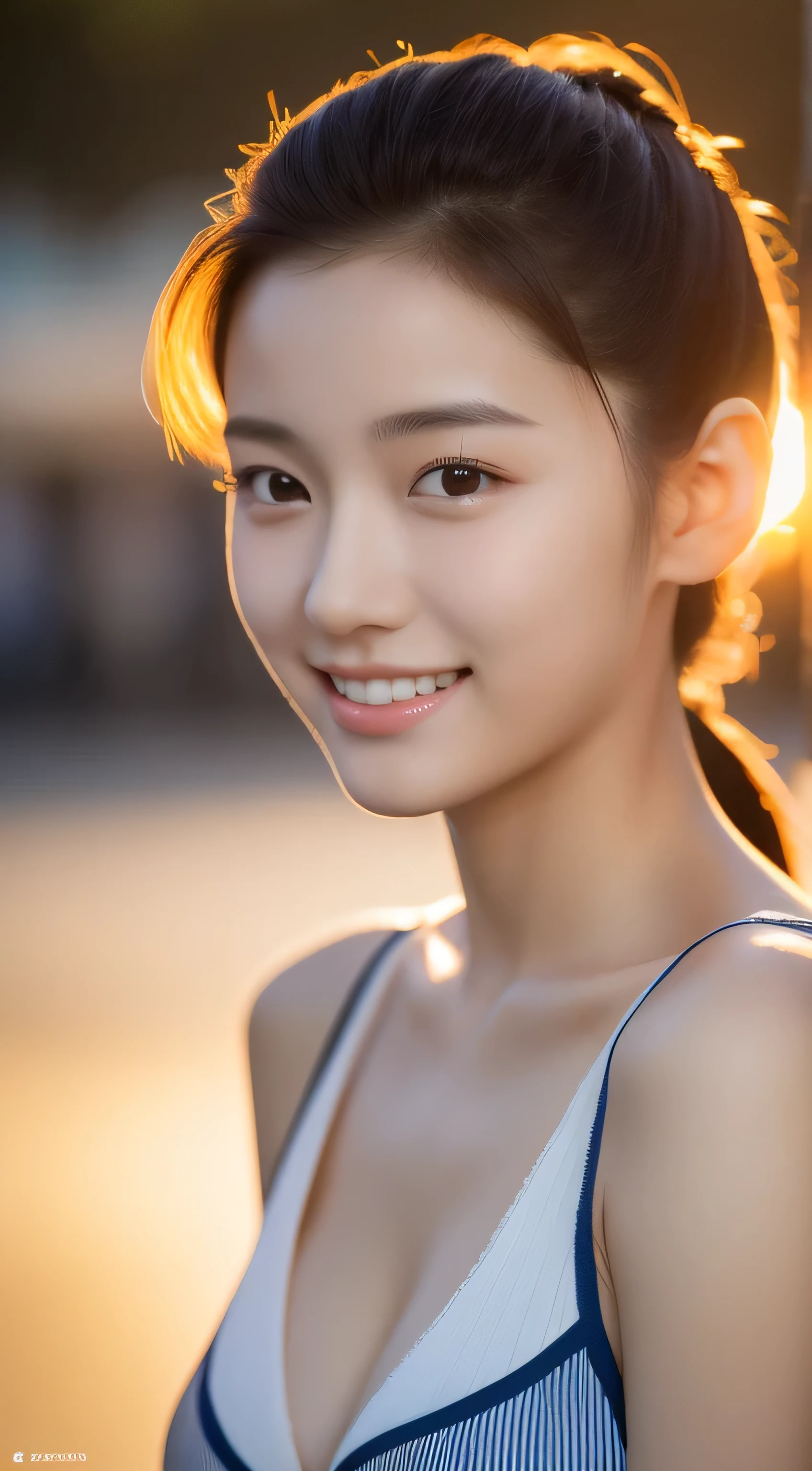 (original photography), (realism), (Masterpiece), (top quality), High resolution, 16K resolution,1 cute real photo of a Korean star,,((ponytail)),White skin,,Light makeup,Bust 32 inches,split,smile slightly,closeup portrait,Extremely detailed eyes and facial details,Wearing an orange striped camisole, (((in school, complex background,strong sunset light)))