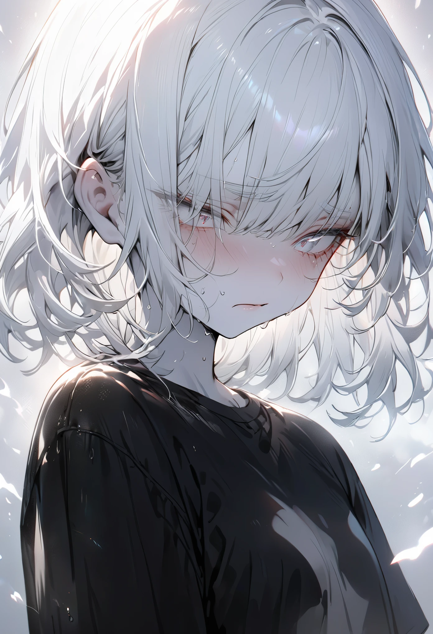 masterpiece, best quality, ((pure white background)), permanent, slim albino guy, white hair, white eyelashes, white eyebrows, cold face, White skin, Black T-shirt, sad expression, Light effect, soft, super clear, HD images, (front)