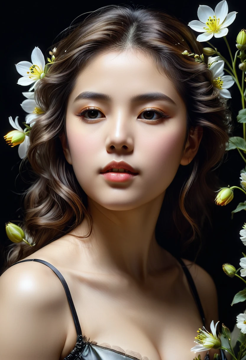 fluorescent horizon, soft light, oblique angle, close-up details,Half body portrait , night, glow worm, flowers, by Akiko Hatsu,Giovanni Boldini, Bastien Lecouf-Degarme, Carn Griffiths, E. Abramzon, Raphael, Caravaggio, Coby Whitmore, Titian, Leonardo da Vinci,