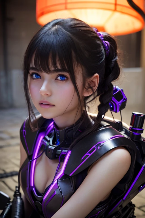 Top Quality, Masterpiece, Ultra High Resolution, (Photorealistic: 1.4), Raw Photo, 1 Girl, Black Hair, Glossy Skin, 1 Mechanical Girl, (Ultra Realistic Detail)), Portrait, Global Illumination, Shadows, Octane Rendering, 8K, Ultra Sharp, Big, Cleavage Exposed Raw Skin, Metal, Intricate Ornament Details, Japan Details, Very intricate details, realistic light, CGSoation trend, purple eyes, glowing eyes, facing the camera, neon details, mechanical limbs, blood vessels connected to the tube, mechanical vertebrae attached to the back, mechanical cervical attachment to the neck, sitting, wires and cables connecting to the head, gundam, small LED lamps,