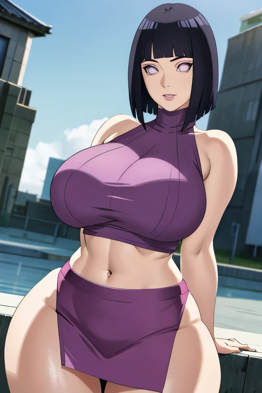 masterpiece, absurdres, hinata\(boruto\), 1girl, solo,mature female, mini skirt, perfect composition, detailed lips, gigantic breast, beautiful face, body propotion, (pink lips), short hair,  purple eyes,  soft gaze,  super realistic, detailed, photoshoot, realistic face and body, underboob, turtleneck, gigantic breasts, curvy, cowboy shot, bare shoulders, curvy ass, bubble butt