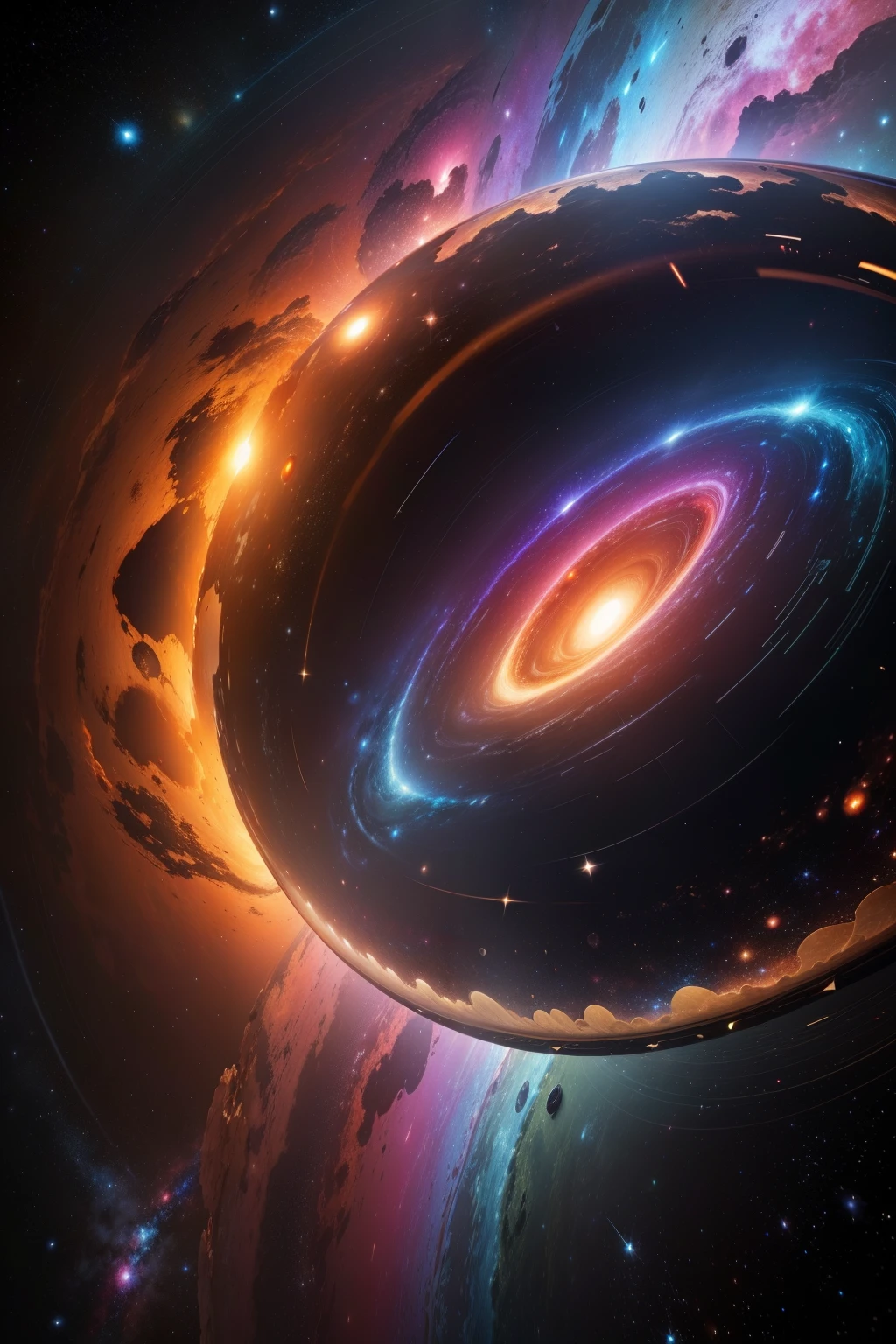 Amidst the intricately woven layers of the multi-colored universe, a singularity, an enigmatic cosmic entity, is revealed. Planets, in vibrant hues, orbit around their respective stars, respectively, as fans of galaxies, each with complex structures, spin and dance in mesmerizing patterns. The hyper-realistic photograph, captured in 3D and ultra HD, showcases the high-quality, super-detailed image in all its complicated glory. The aspect ratio of 9x26 alters the perspective, immersing the viewer into the complexities of the universe's intricate web of gravity, motion, and creation.