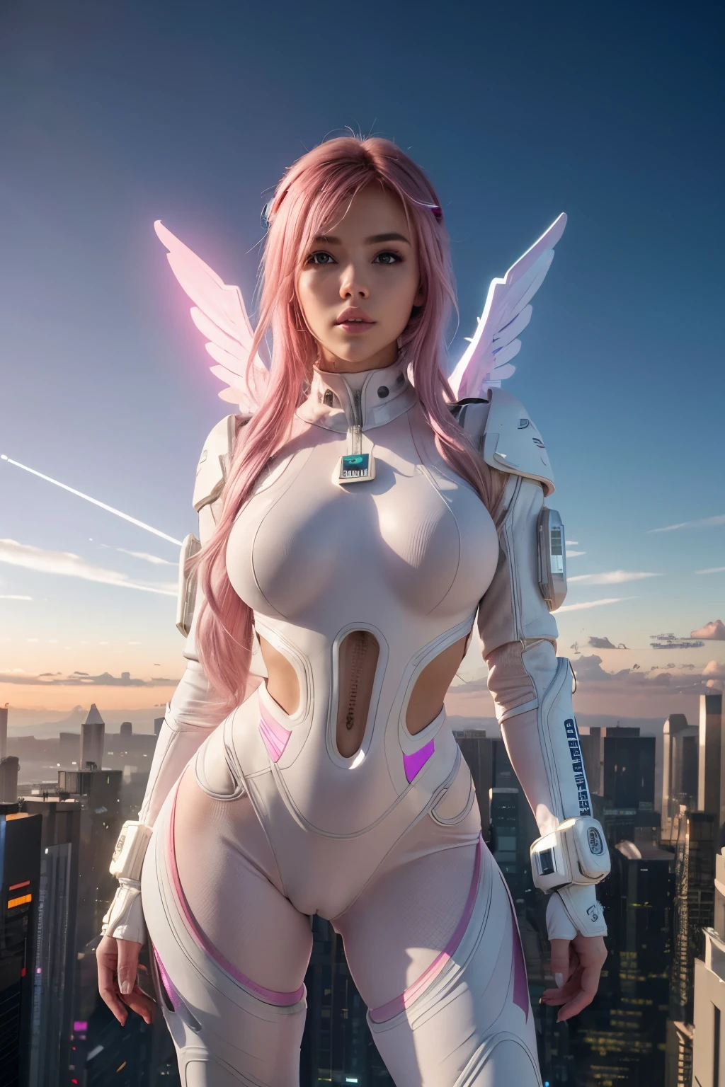 ((masterpiece, best quality, extremely detailed), volumetric lighting, ambient occlusion, colorful, glowing),
1girl, solo, young girl, (pink hair), long hair, halo, aura, sacred, godness, cyber suit, (white outfit:1.3), android, bot, angel wings,
outdoors, sunset, sky, clouds, space, (cyberpunk theme:1.2),