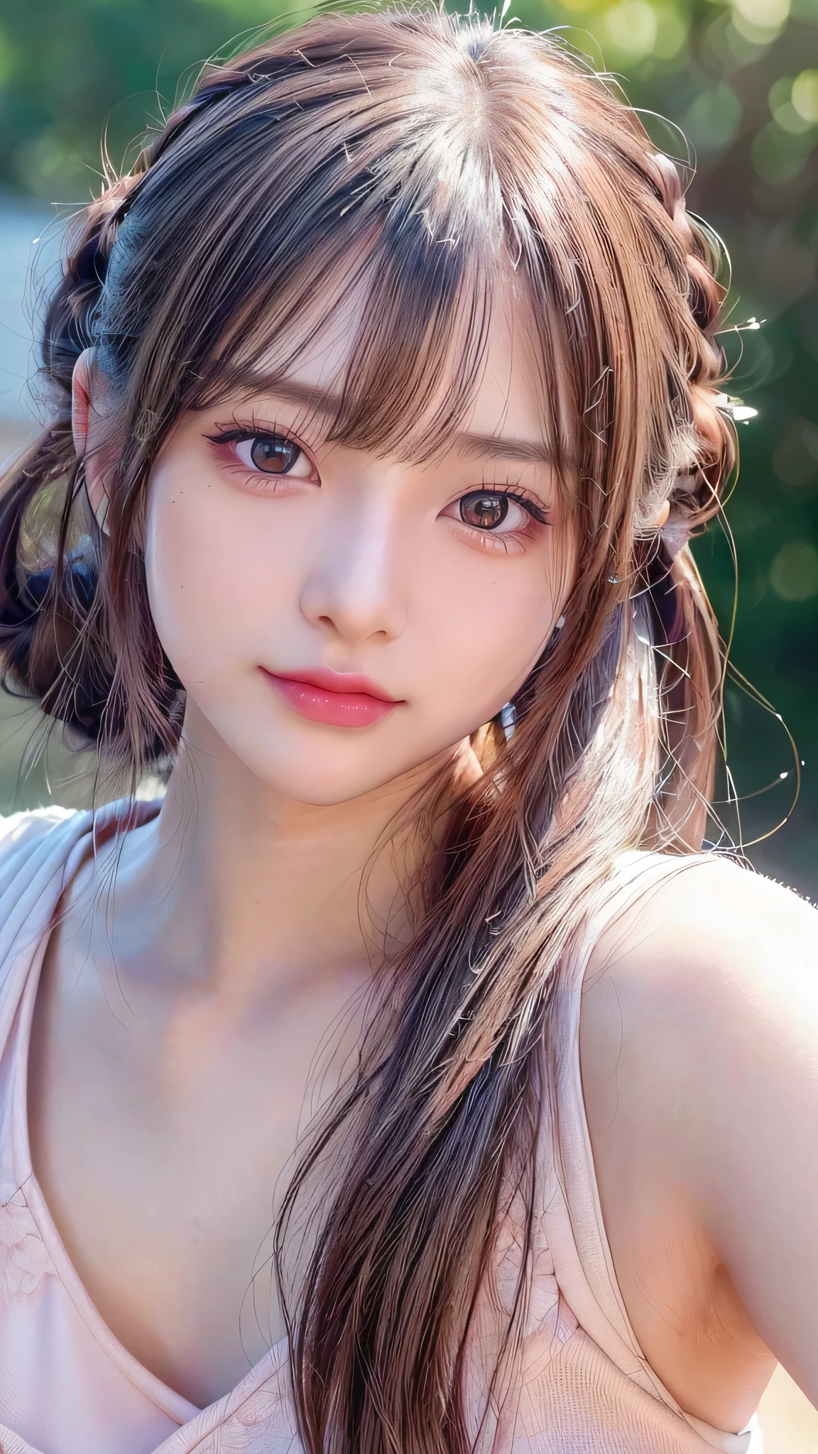 blush,,small breasts,long hair ponytail,close up of face,((8K, Raw photo, highest quality, pieces fly:1.2), (reality, realistic:1.4), (Highly detailed 8K wallpaper), written boundary depth, cinematic lighting, soft light, Details beauty eye,Shiny and smooth light brown ponytail, asymmetrical bangs, shiny skin, super dense skin ,High resolution, high detail, detailed hairstyle, Detailed beauty faces, hyper real, perfect limbs, perfect anatomy ,1 Japanese girl,famous japanese idol, perfect female body,shy smile,short eyelashes,double eyelid,look straight here,Hair style is ponytail,Pink idol costume