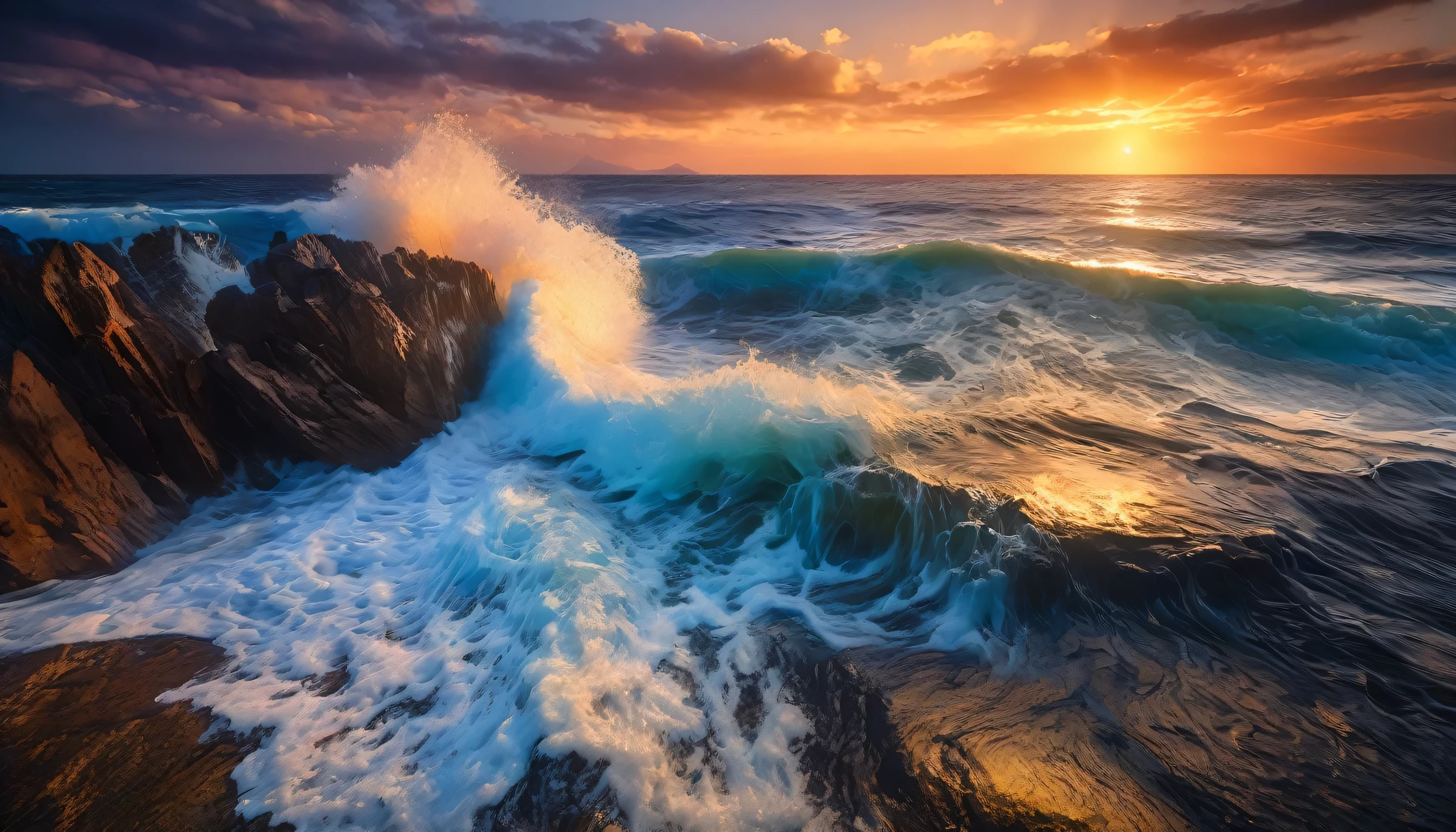 arafed view of a dawn over the blue ocean with waves crashing, chaotic sea setting, breathtaking colors, golden time, golden dawn breathtaking look, breathtaking composition, beautiful sea landscapes, stunning dawn, magnificent background, dawn glow, beautiful background, beautiful dreamy breathtaking, marc adamus, warm beautiful scene, epic dawn, beautiful dawn, beautiful dawn glow, beautiful blue ocean