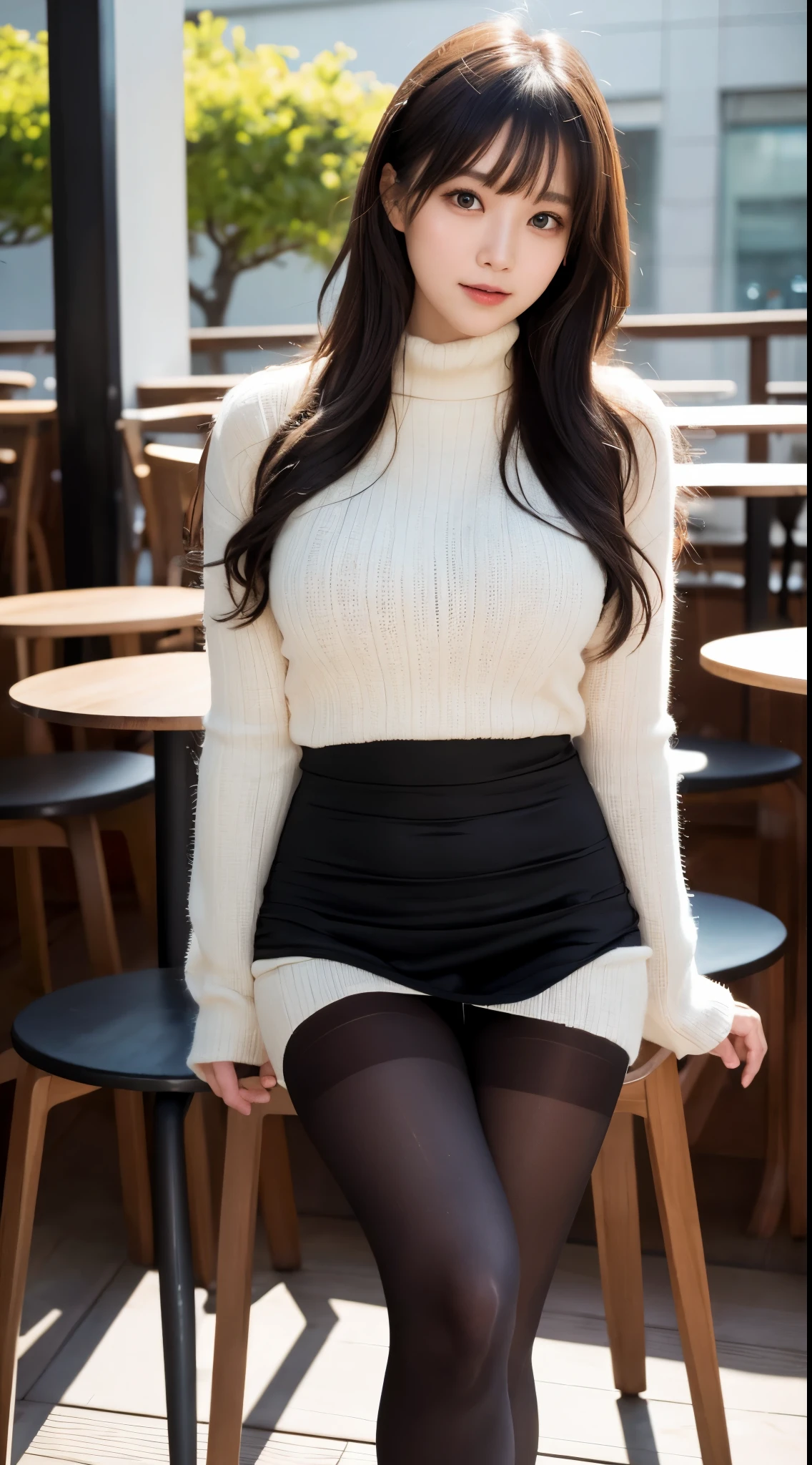 ulzzang-6500-v1.1, (Raw photo:1.2), (Photoreal), (genuine: 1.4), A simple 33 year old wife、wearing a knit dress、(super realistic pantyhose:1.3)、thighs thighs thighs、Sit on a chair in an open café、Height: 156cm, A little chubby body type、japanese model, short layered hair、japanese girl, Neat and clean Japan woman, japanese goddess, innocence、sharp focus, vivid details, super detail, realistic skin texture, Surface details, Beautiful eyes in every detail, Highly detailed CG Unity 16k wallpaper, compensate, (detailed background:1.2), shiny skin、exposed thighs!!!、