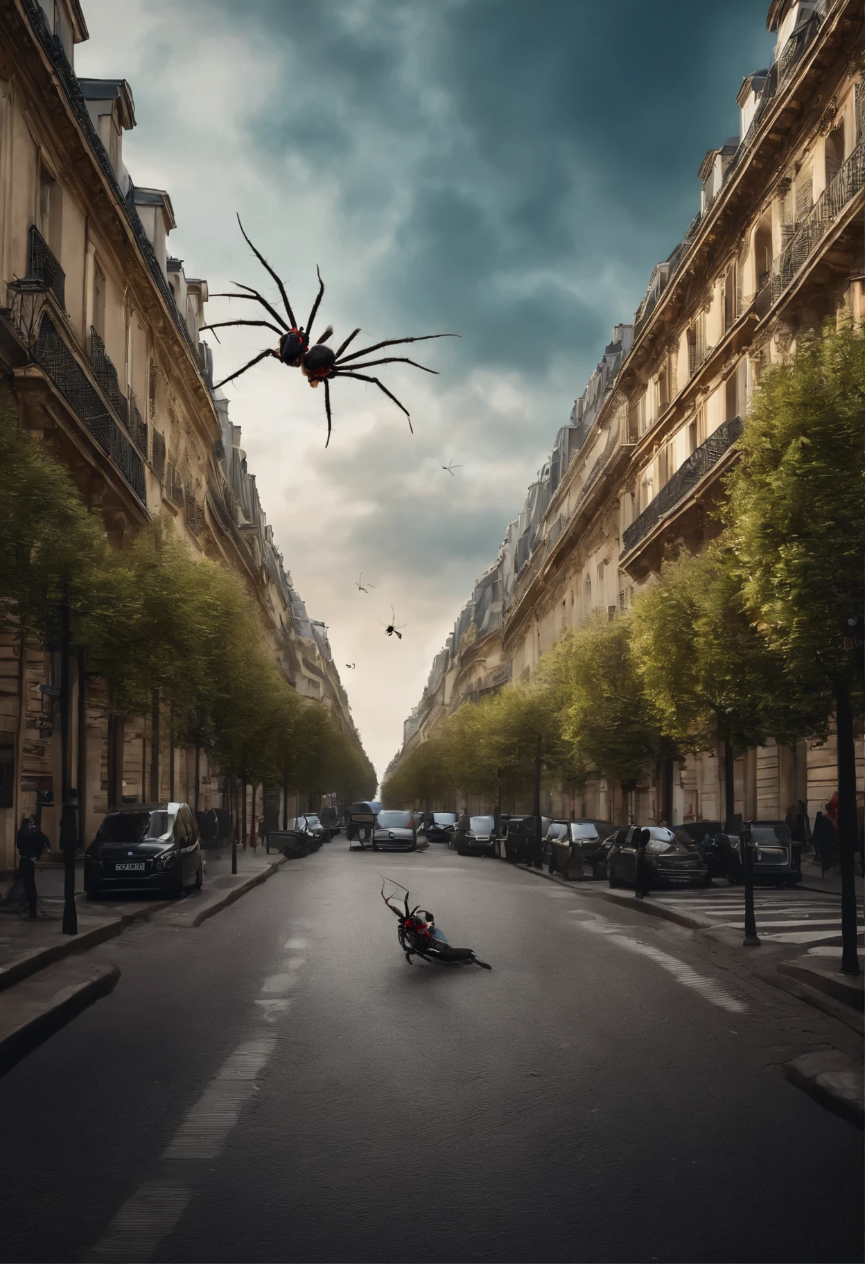 A spider and a mosquito fighting through the streets of Paris with a realistic image and a very close and cinematic fight