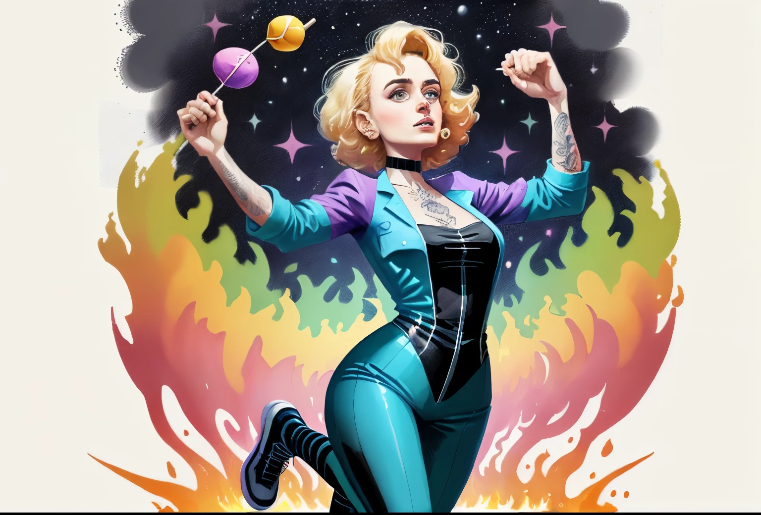 Painting oil colors low angle eye - catching carnivalesque whimsical sci-fi portrait of a tattooed straight middle cut blonde hair woman jumping in a electric violet desertwave lollipop forest, surreal tall striped red lollipop, grandiose landscapes, solid colors sci-fi starry night sky, portrait of famous people Bette Davis clothing on background dressed, Andrey Remnev, Tom Bagshaw, Martine Johanna --style raw --v 5.2 --s 250 ...