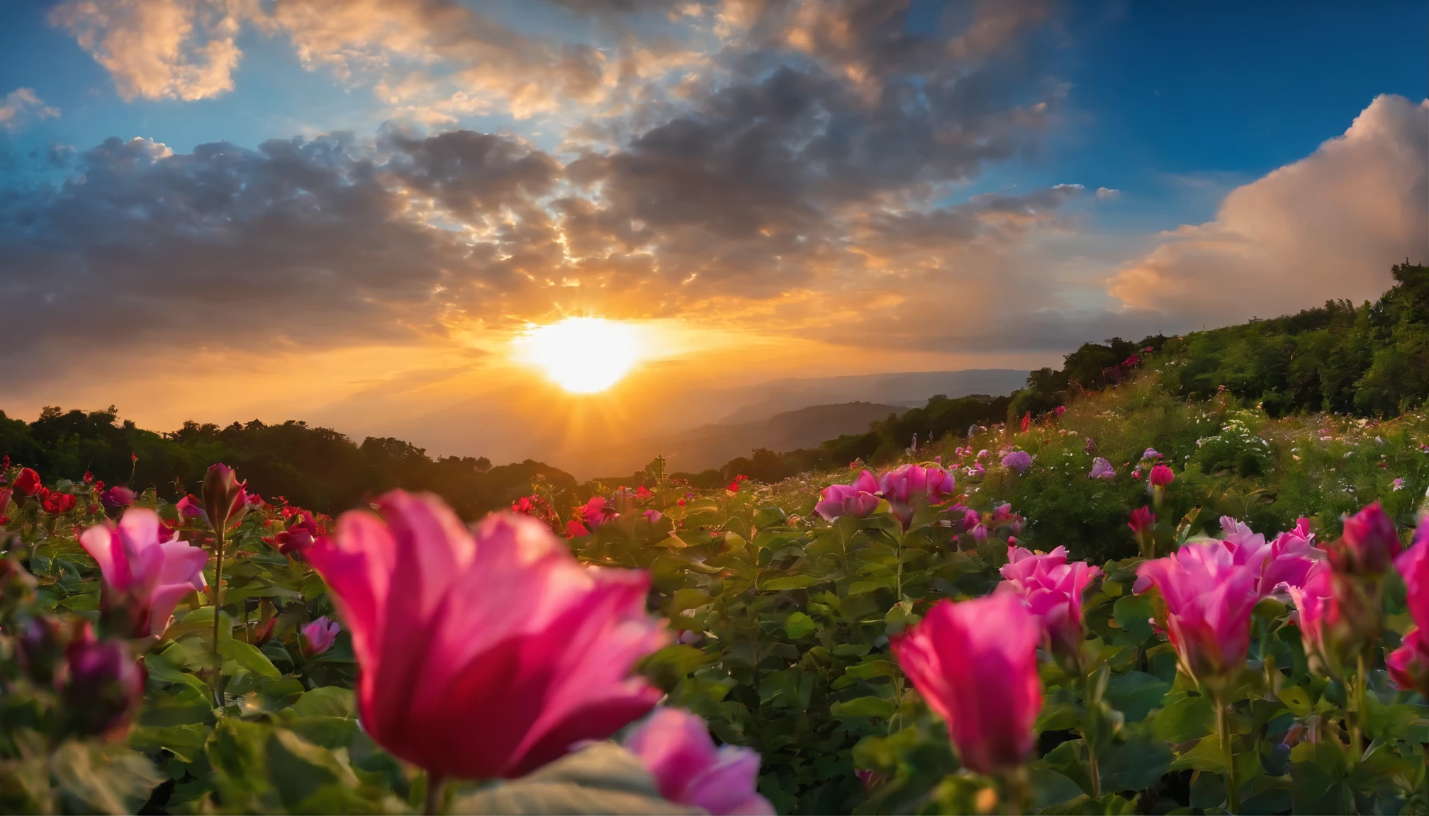 Flowers in a field with the sun setting in the background - SeaArt AI