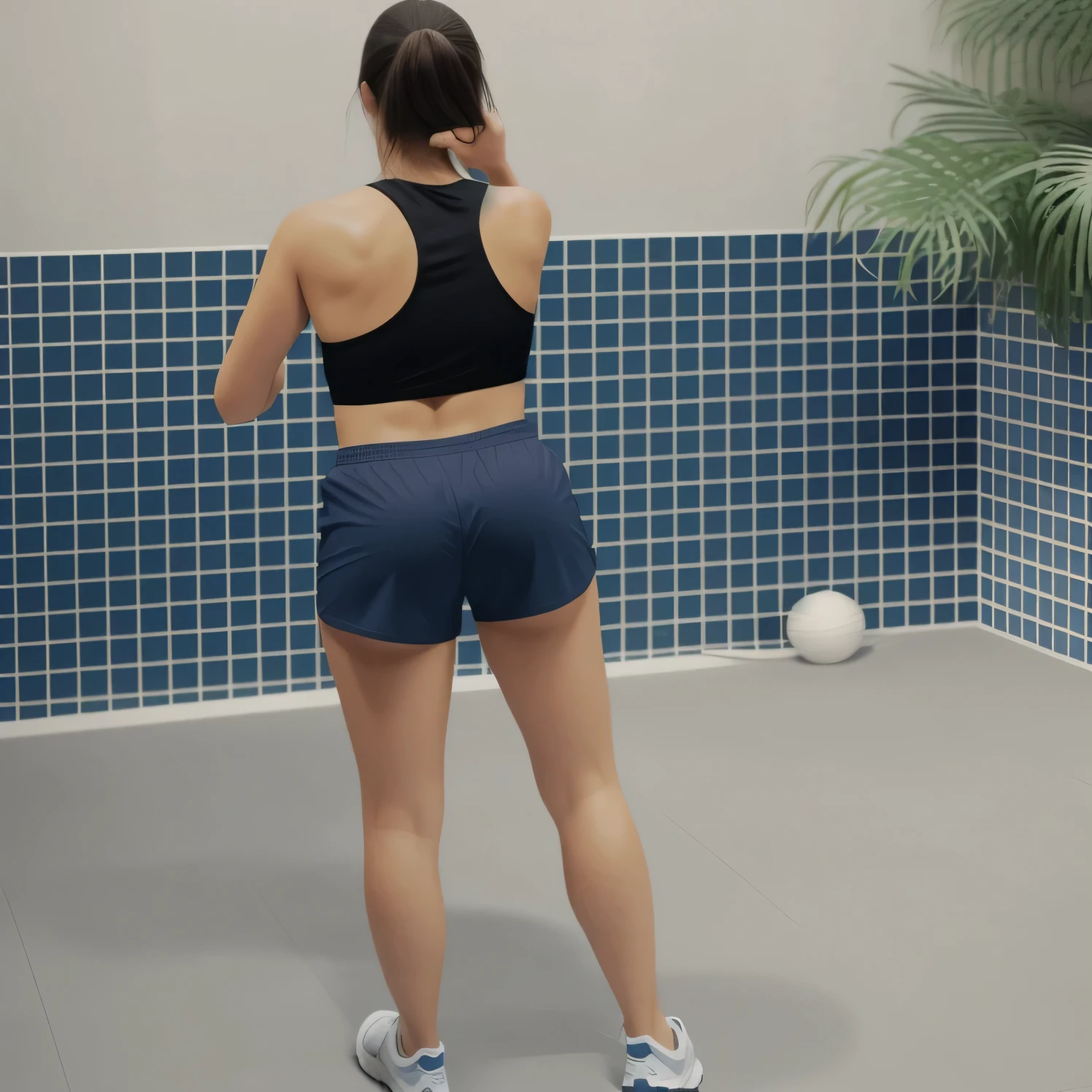 there is a woman in a blue top and blue shorts taking a picture, in shorts, squatting down next to a pool, wearing black shorts, backview, seen from the back, back pose, back - view, tight black tank top and shorts, from back, shot from the back, from the back, long shot from back, in a gym. Foto de corpo inteiro, foto clara, alta qualidade, high resolution, obra-prima, 8K.