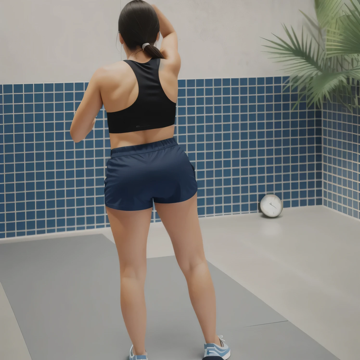 there is a woman in a blue top and blue shorts taking a picture, in shorts, squatting down next to a pool, wearing black shorts, backview, seen from the back, back pose, back - view, tight black tank top and shorts, from back, shot from the back, from the back, long shot from back, in a gym. Foto de corpo inteiro, foto clara, alta qualidade, high resolution, obra-prima, 8K.