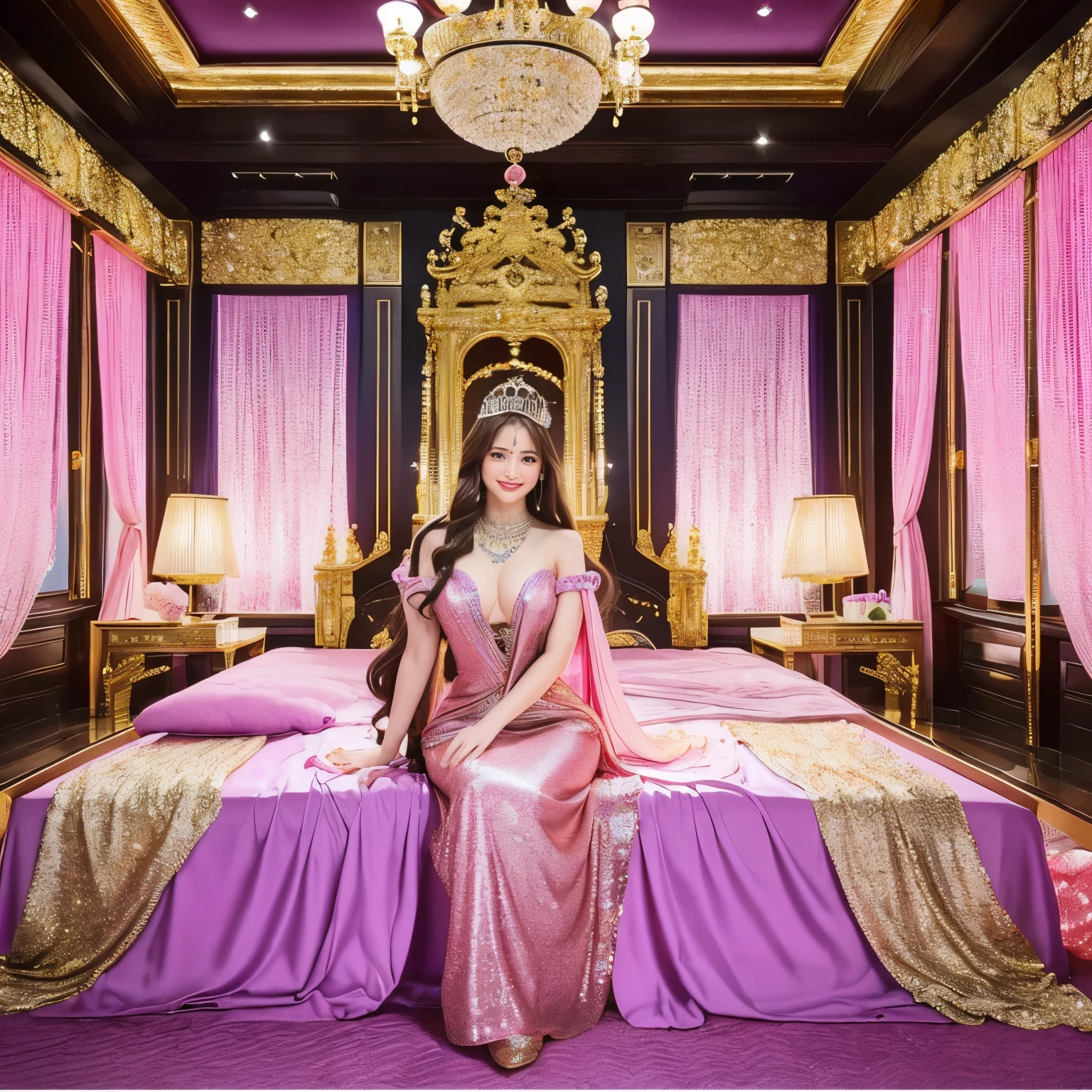 ((highest quality、table top、8K、best image quality、extremely complex and detailed depiction))、(Japan&#39;s most gorgeous ?????????? goddess:1.2)、(The most gorgeous ???????????? goddess huge costume:1.2)、The perfect and most natural high-end costume、(The most luxurious and highest quality giant tiara:1.1)、(The most luxurious and highest quality giant necklace:1.1)、(the most vivid and luxurious costumes:1.1)、big long costume、(The unimaginably luxurious goddess room:1.3)、(The most luxurious and luxurious room with glittering purple and pink colors:1.2)、High-end interior in purple and pink、The most natural and perfect goddess room、The most luxurious and perfectly organized room of a ?????????? goddess、A perfectly ordered and orderly room、one perfect chandelier、The most luxurious purple and pink room、purple and pink gems、(A glittering room decorated with plenty of jewels:1.1)、very intricate decoration、very clear goddess room、Please look at me、bewitching smile、perfect makeup、long eyelashes、lipstick、pink eyeshadow、(perfect ???????:1.1)、best smile、(very bright and vivid:1.1)、(shiny skin:1.1)、(Ultra-high definition bright and beautiful skin:1.1)、Super high definition beautiful teeth、ultra high definition hair、Super high-definition sparkling eyes、(very bright and vivid:1.3)、(Beautiful skin that shines very brightly:1.3)、brown hair、standing elegantly、(body facing straight ahead:1.2)、(Upper body photo facing forward:1.1)、(slender body:1.1)、Strongly blurred background